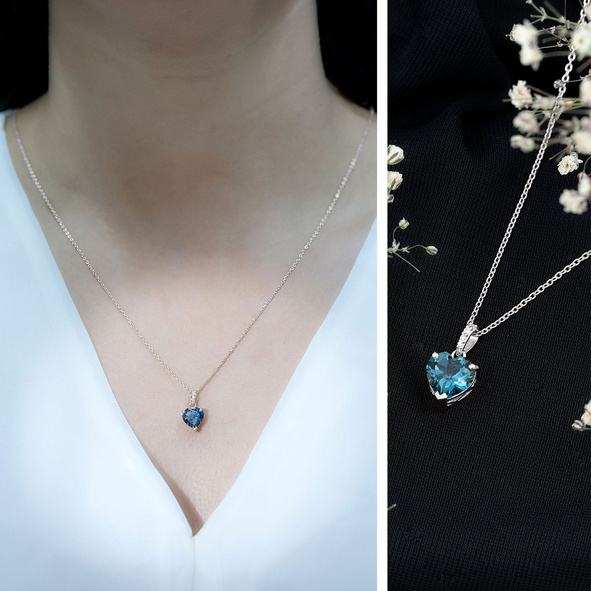 Certified London Blue Topaz 8MM Heart Necklace with Diamond