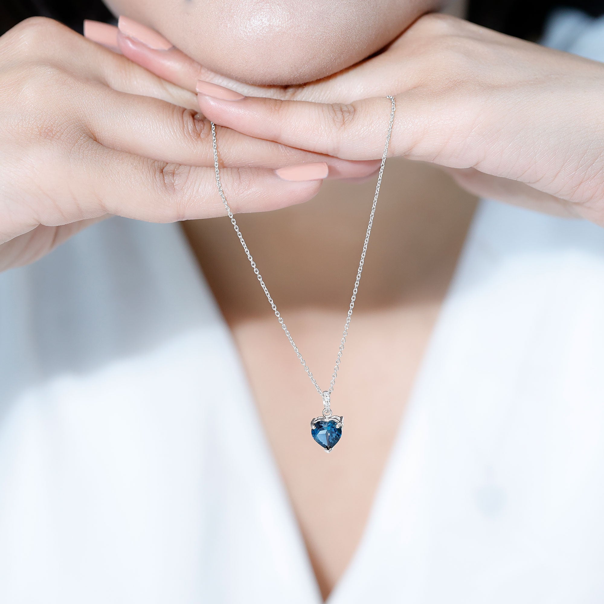 Certified London Blue Topaz 8MM Heart Necklace with Diamond