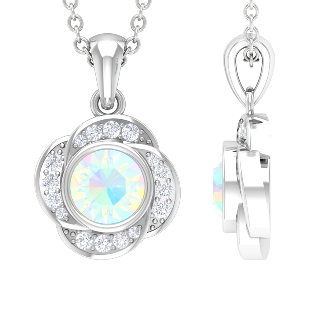 Rosec Jewels-5 MM Round Shape Ethiopian Opal and Diamond Floral Pendant
