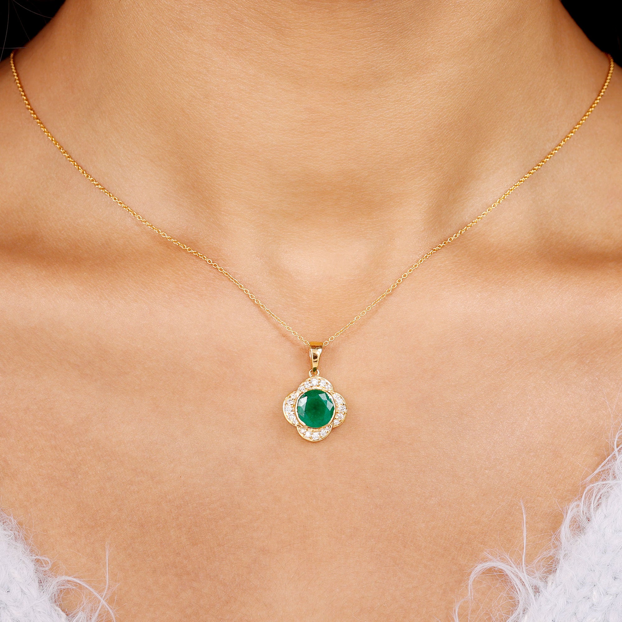 Lab Grown Emerald Flower Inspired Pendant Necklace With Diamond Lab Created Emerald - ( AAAA ) - Quality - Rosec Jewels
