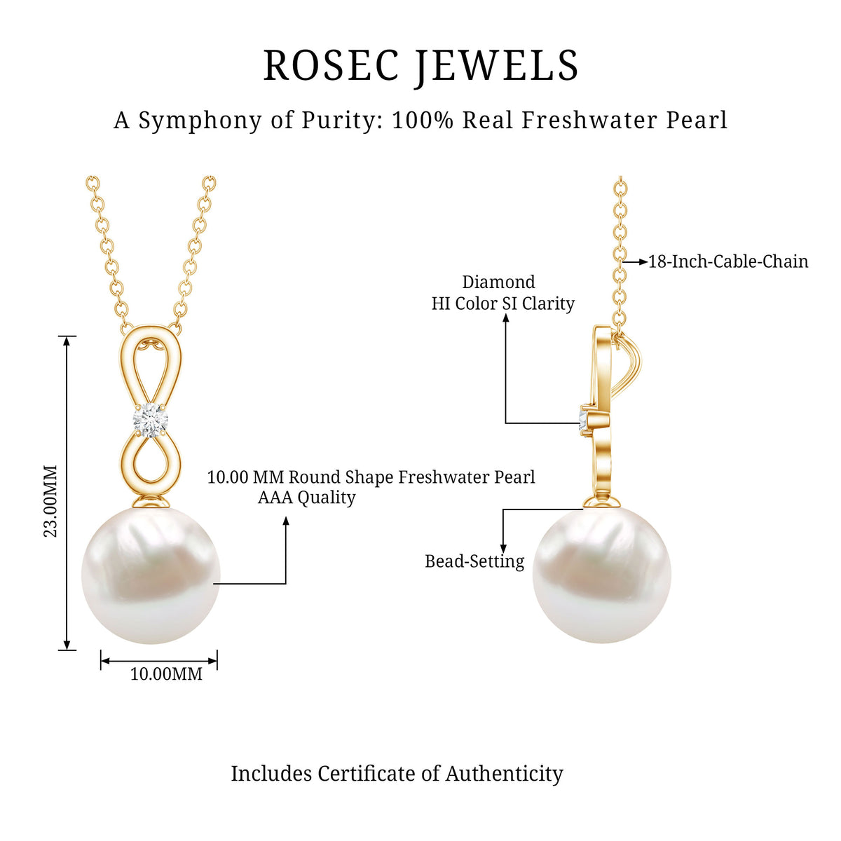 8 Carat Round Freshwater Pearl Drop Infinity Pendant with Diamond AAA - Rosec Jewels