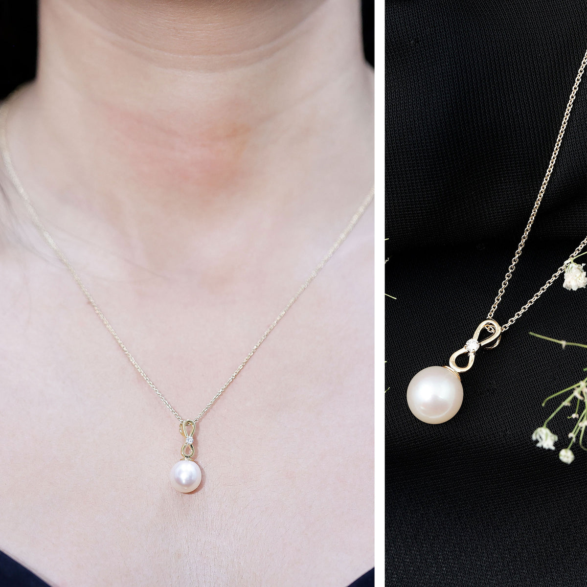 8 Carat Round Freshwater Pearl Drop Infinity Pendant with Diamond AAA - Rosec Jewels