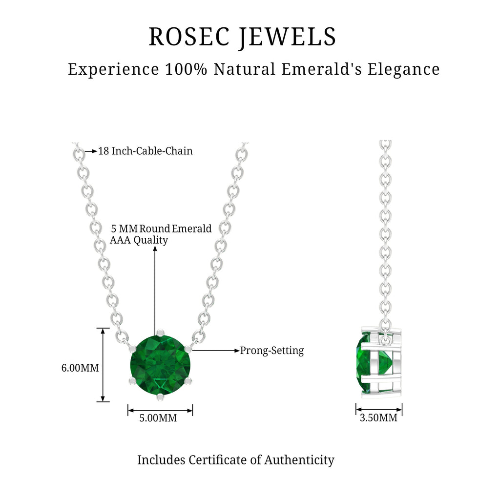 5 MM Round Cut Solitaire Emerald Necklace in 6 Prong Setting Emerald - ( AAA ) - Quality - Rosec Jewels