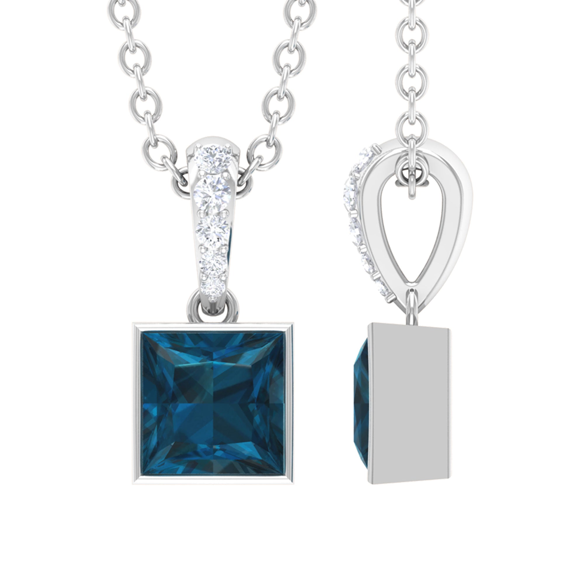 6 MM Princess Cut London Blue Topaz Solitaire Pendant with Diamond Accent Bail London Blue Topaz - ( AAA ) - Quality - Rosec Jewels