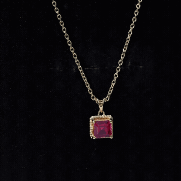 Princess Cut Lab Created Ruby Solitaire Pendant with Rope Frame AAAA 14K Yellow Gold Plated Silver - Rosec Jewels