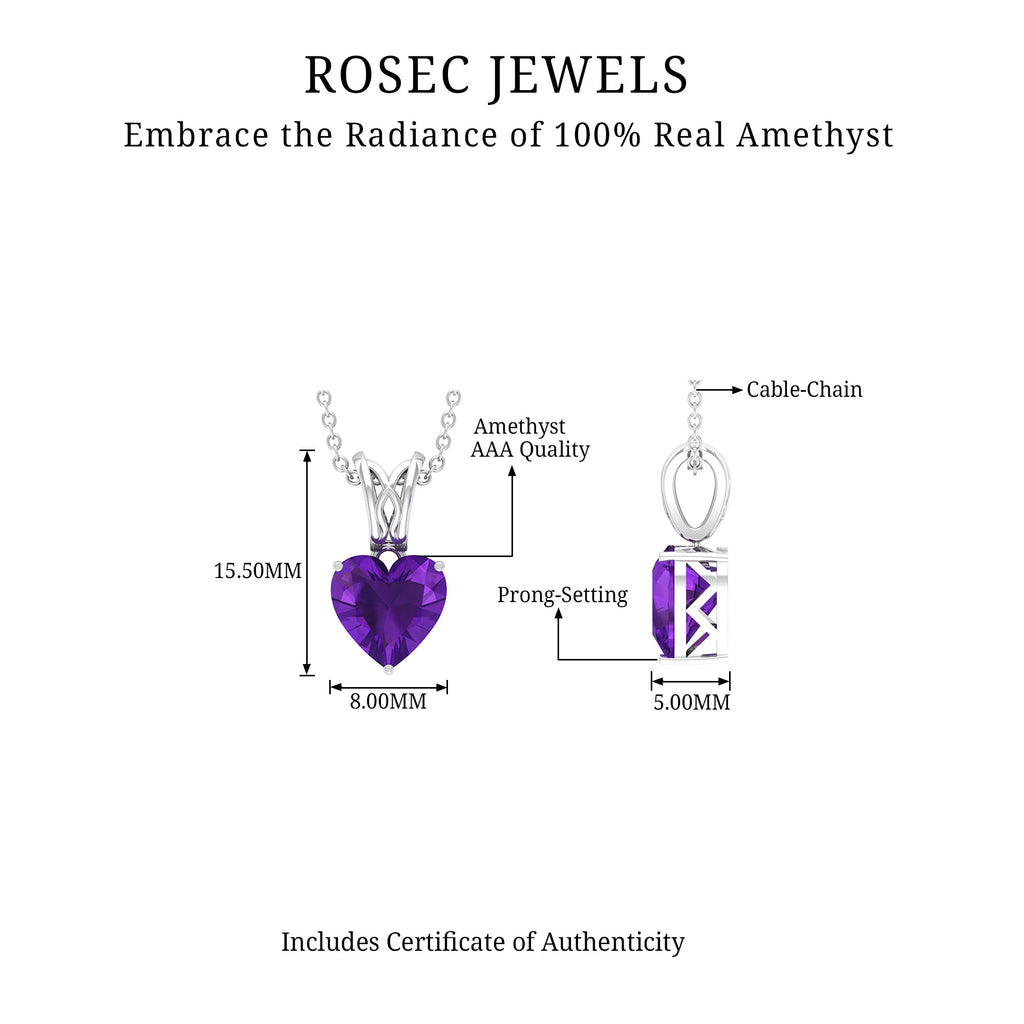 8 MM Heart Shape Amethyst Silver Pendant in 3 Prong Setting with Decorative Bail - Rosec Jewels