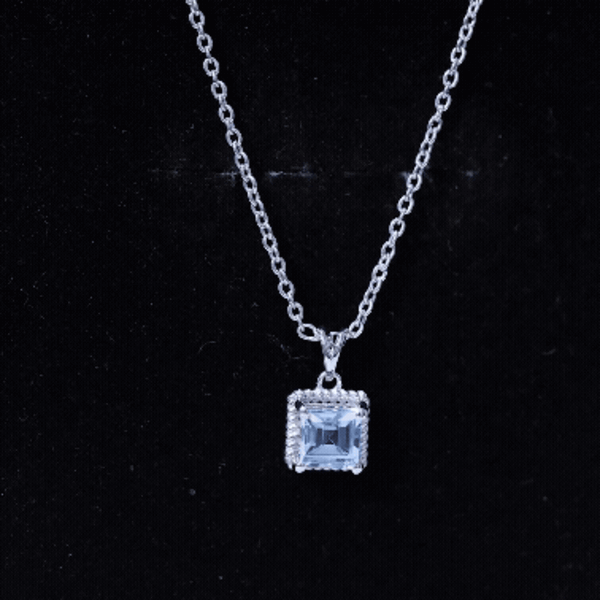 Natural Half Carat Aquamarine Princess Cut Necklace with Silver Chain AAA 92.5 Sterling Silver - Rosec Jewels