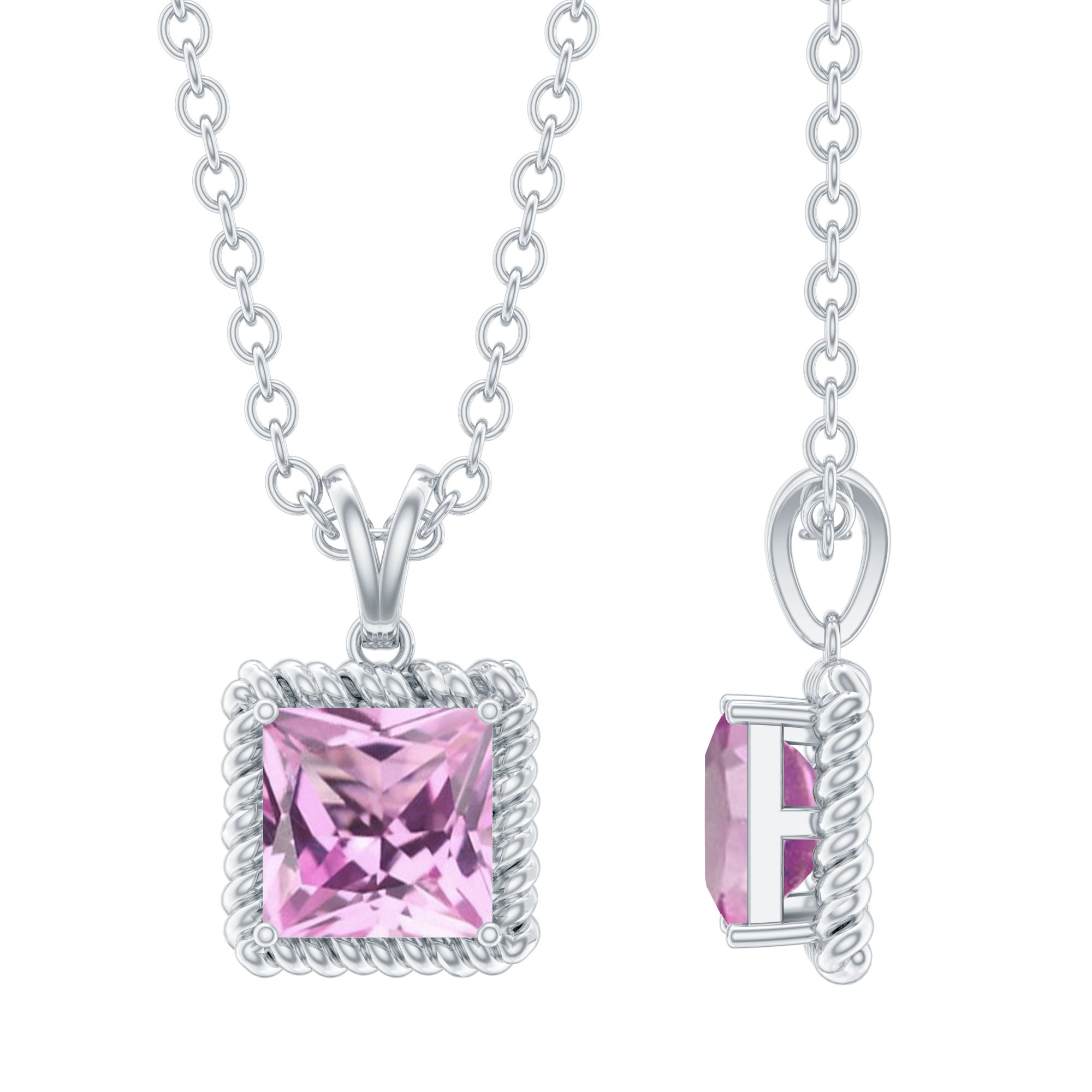 Natural Princess Cut Pink Sapphire Solitaire Pendant with Chain