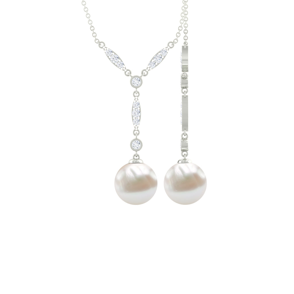 Lariat Style Diamond and Freshwater Pearl Drop Y Necklace Freshwater Pearl - ( AAA ) - Quality - Rosec Jewels