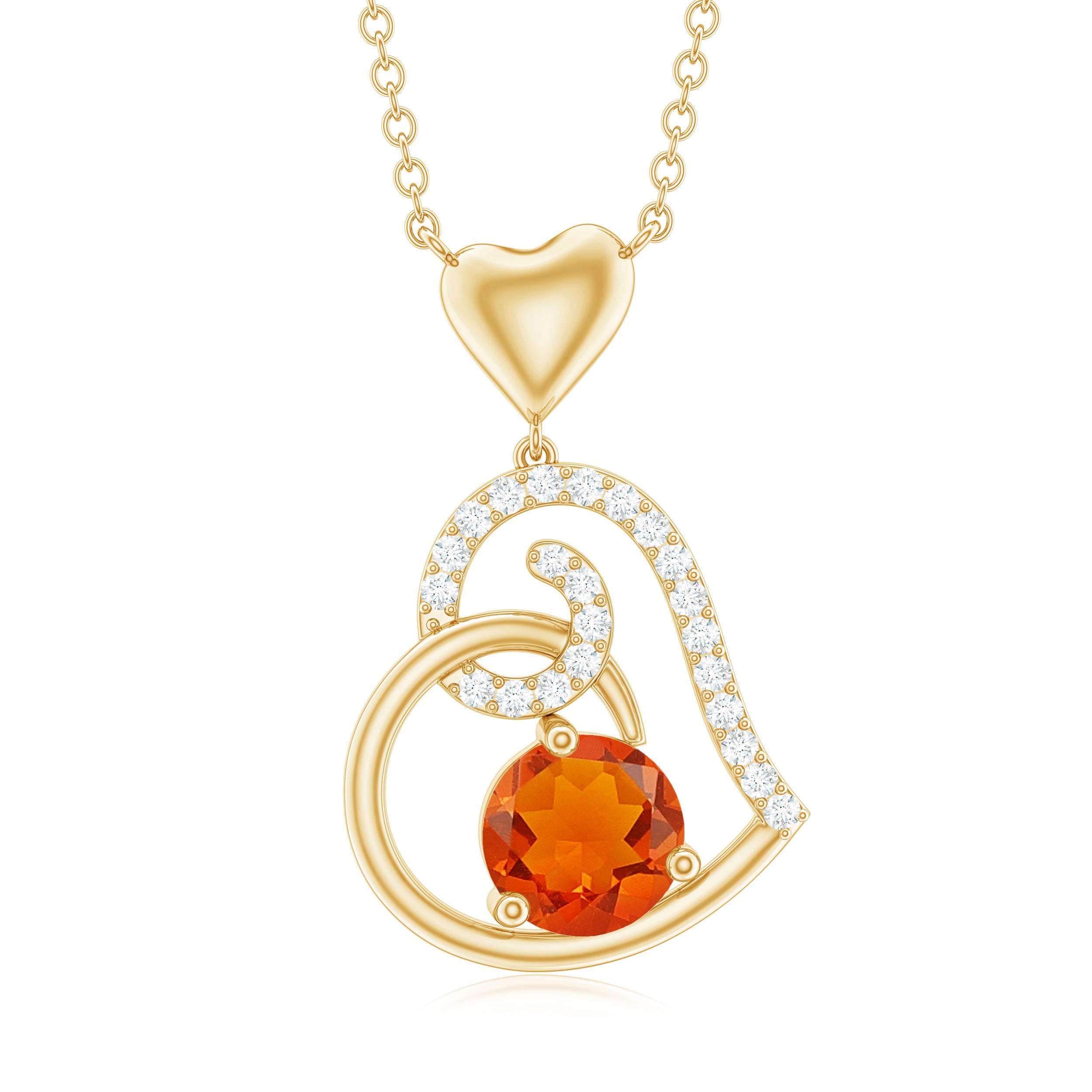 6MM Round Fire Opal and Diamond Heart Pendant Necklace AAA - Rosec Jewels