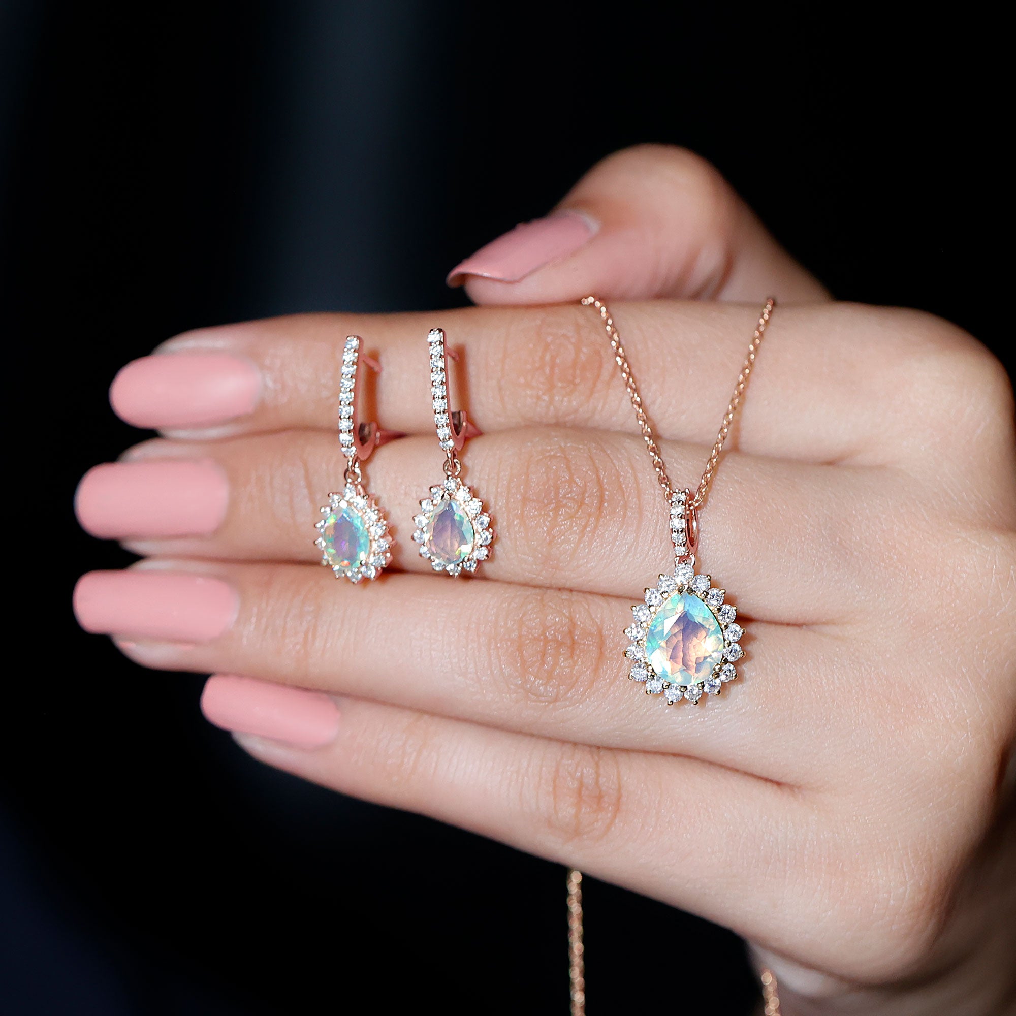 Ethiopian Opal and Moissanite Teardrop Jewelry Set Ethiopian Opal - ( AAA ) - Quality - Rosec Jewels
