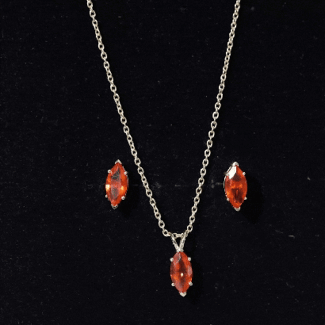 Genuine Marquise Cut Fire Opal Solitaire Necklace and Earring Set AAA - Rosec Jewels