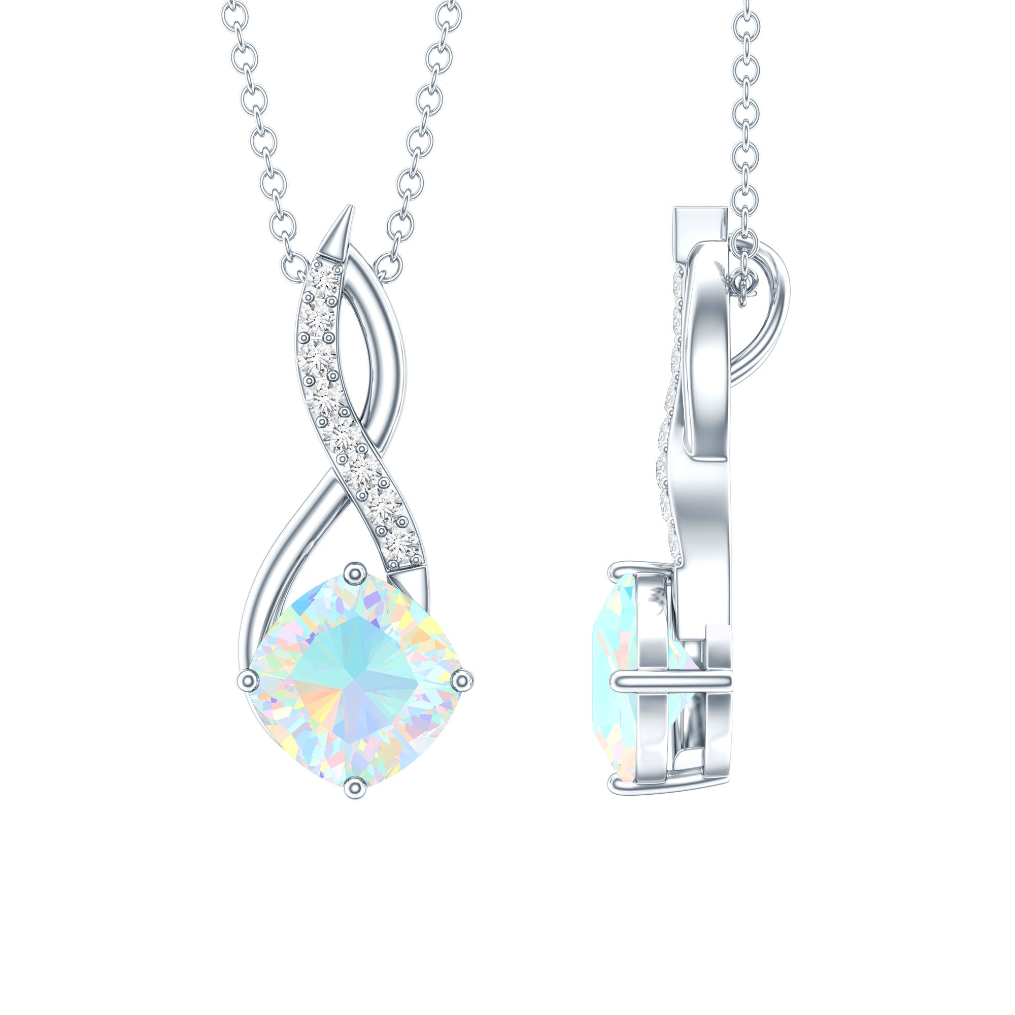 1.87 Carat Cushion Cut Ethiopian Opal Infinity Pendant with Silver Chain AAA 92.5 Sterling Silver - Rosec Jewels