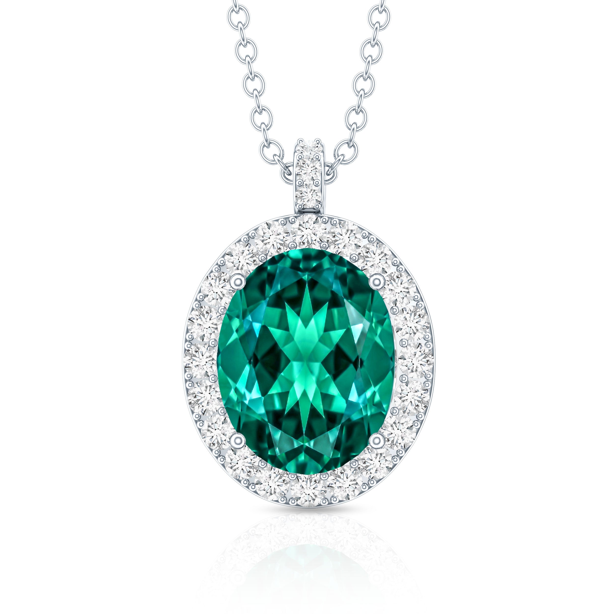 3 Carat Oval Lab Created Emerald Pendant with Diamond Halo AAAA - Rosec Jewels