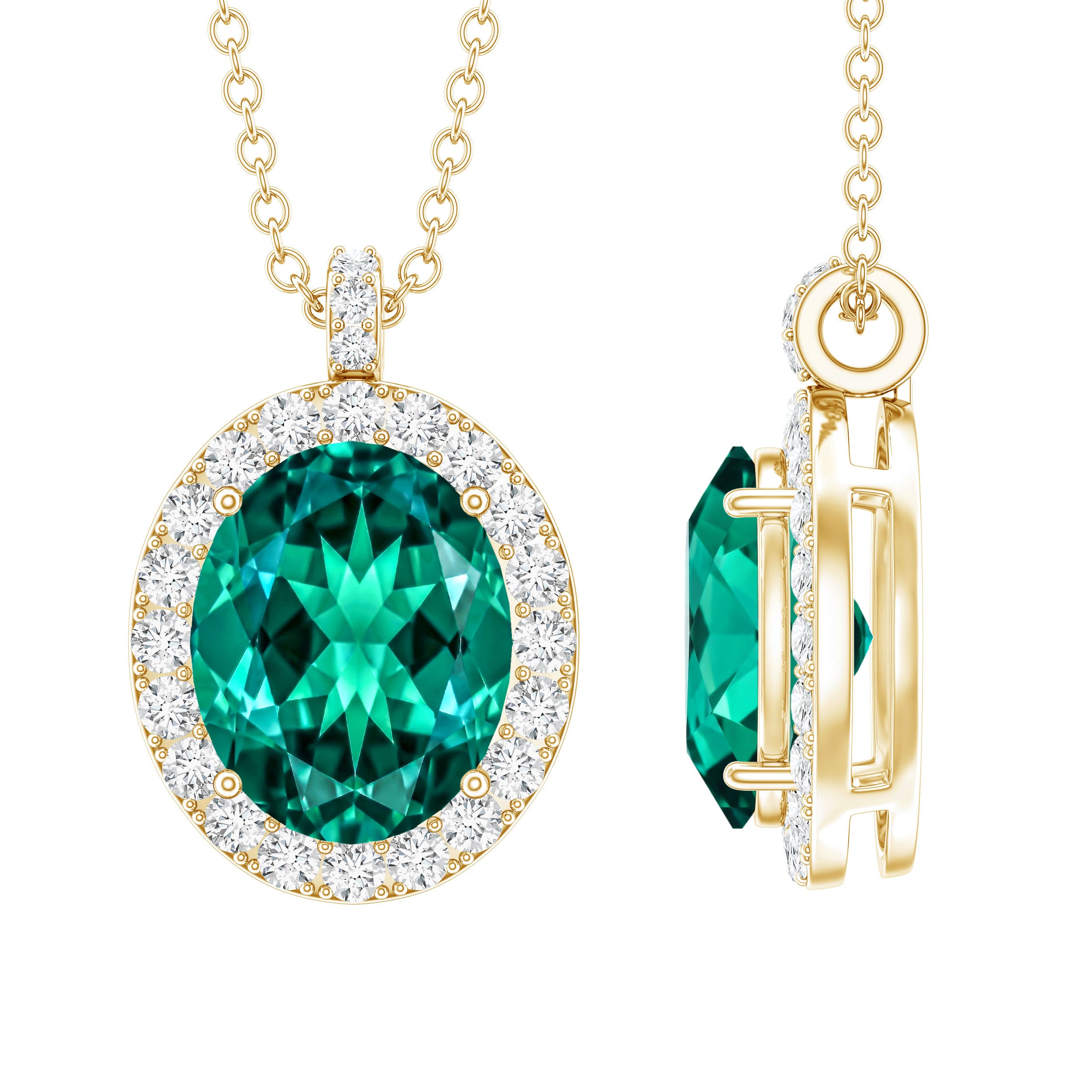 3 Carat Oval Lab Created Emerald Pendant with Diamond Halo AAAA - Rosec Jewels