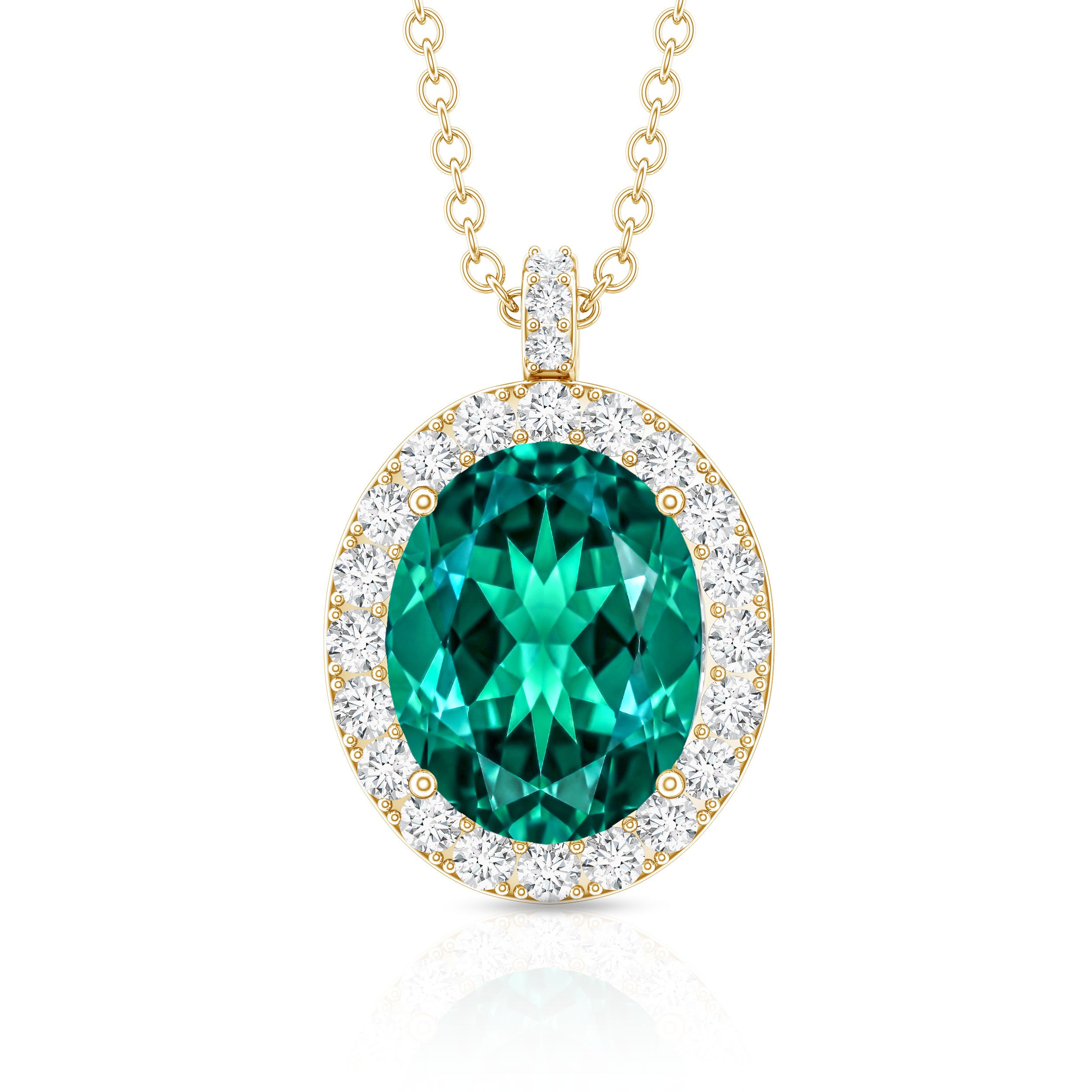 3 Carat Oval Lab Created Emerald Pendant with Diamond Halo AAAA - Rosec Jewels