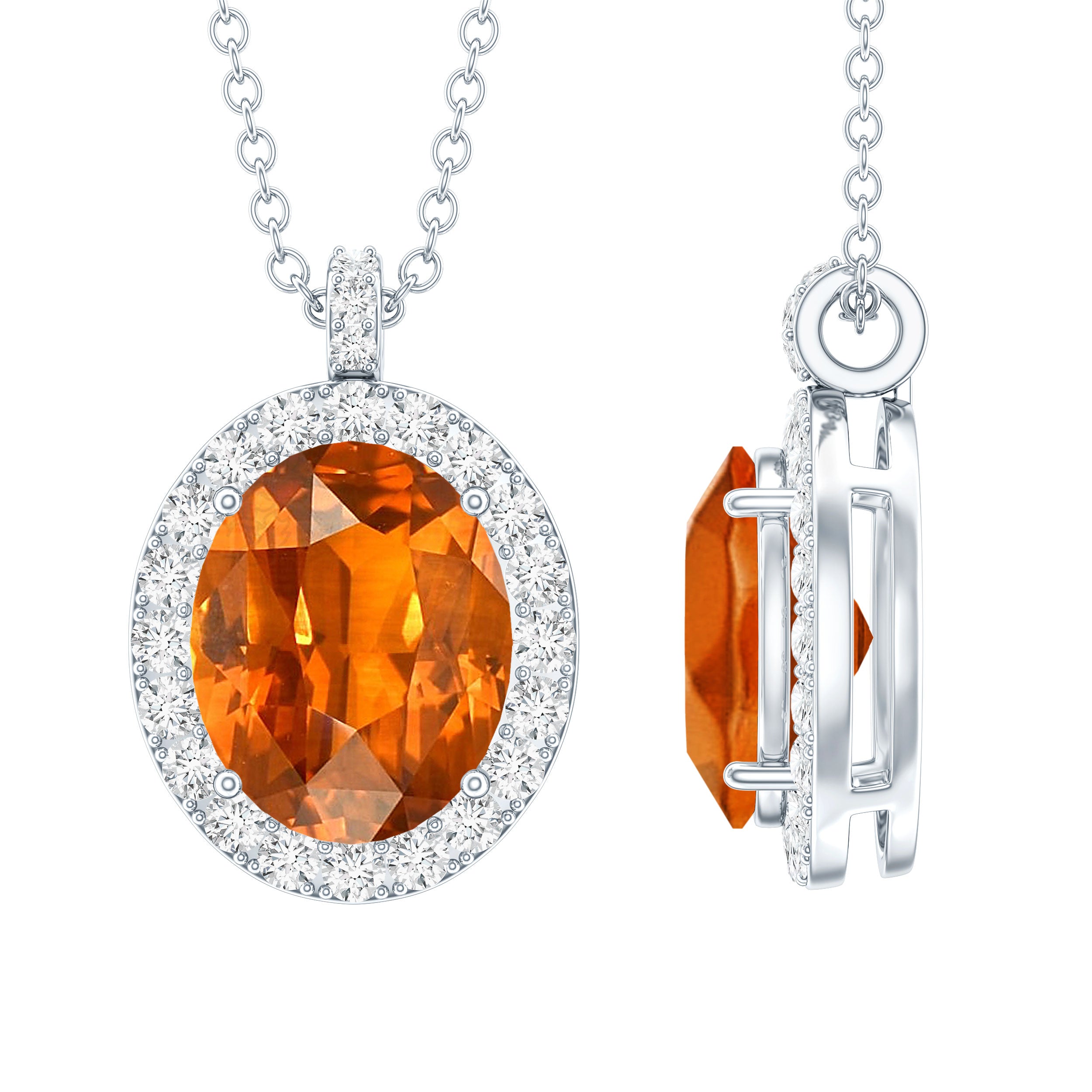 Oval Created Orange Sapphire and Diamond Halo Pendant AAAA - Rosec Jewels