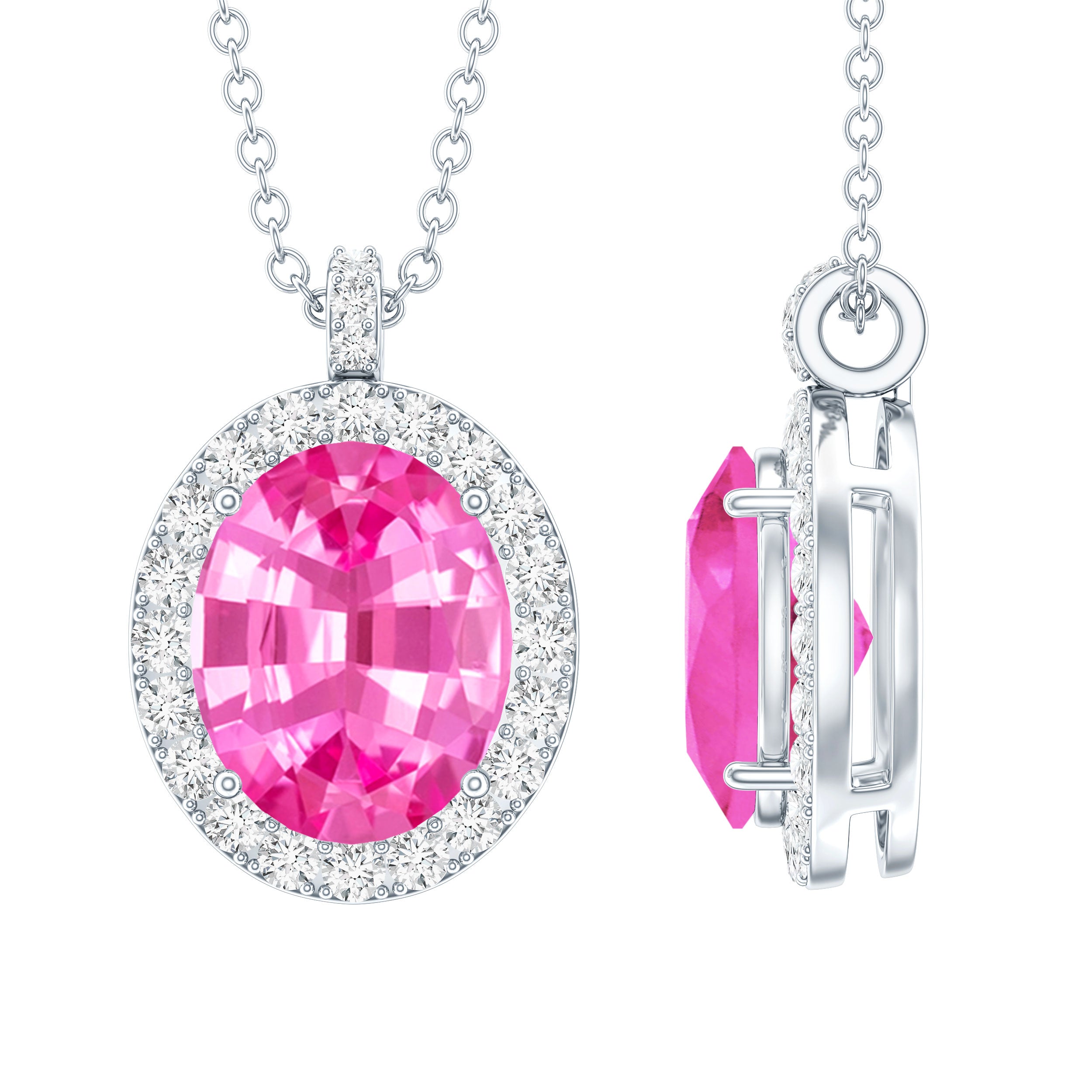 4 Carat Oval Lab Created Pink Sapphire Necklace with Diamonds AAAA - Rosec Jewels