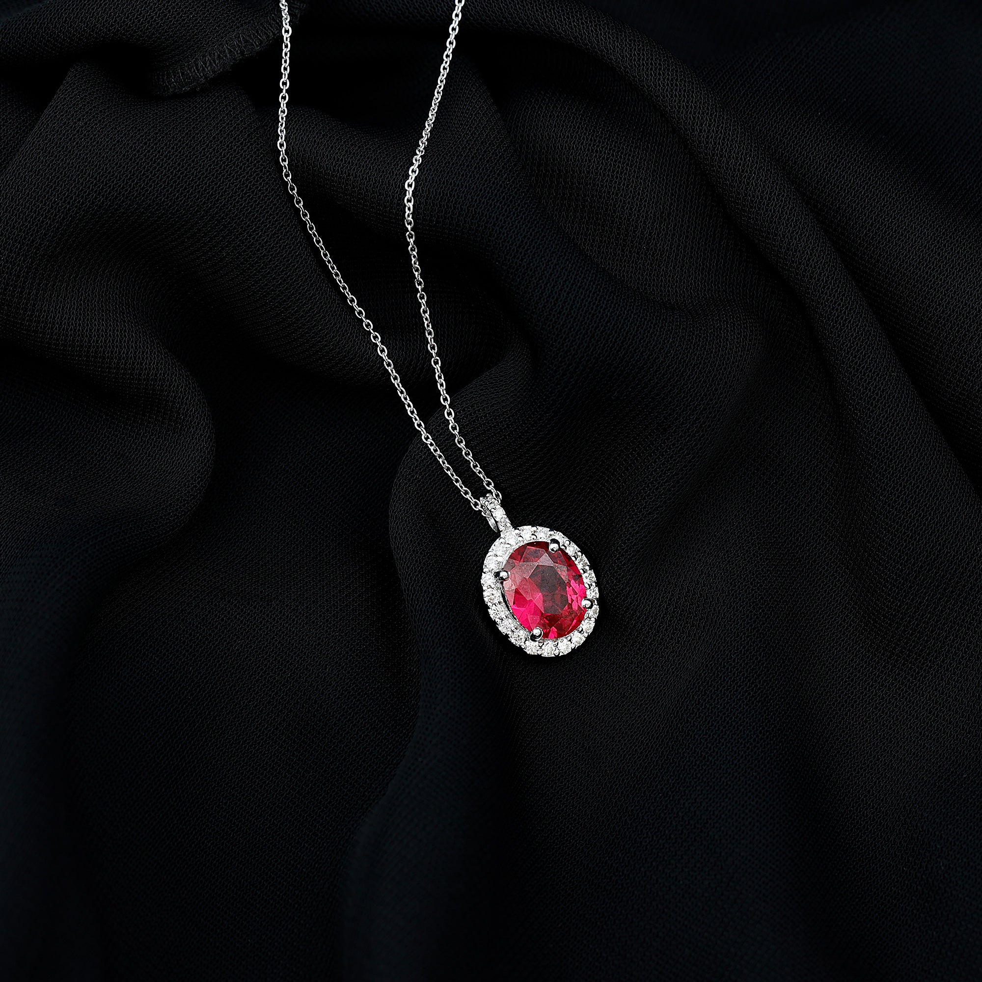 Oval Created Ruby Cocktail Halo Pendant with Diamond Accent Bail Lab Created Ruby - ( AAAA ) - Quality - Rosec Jewels