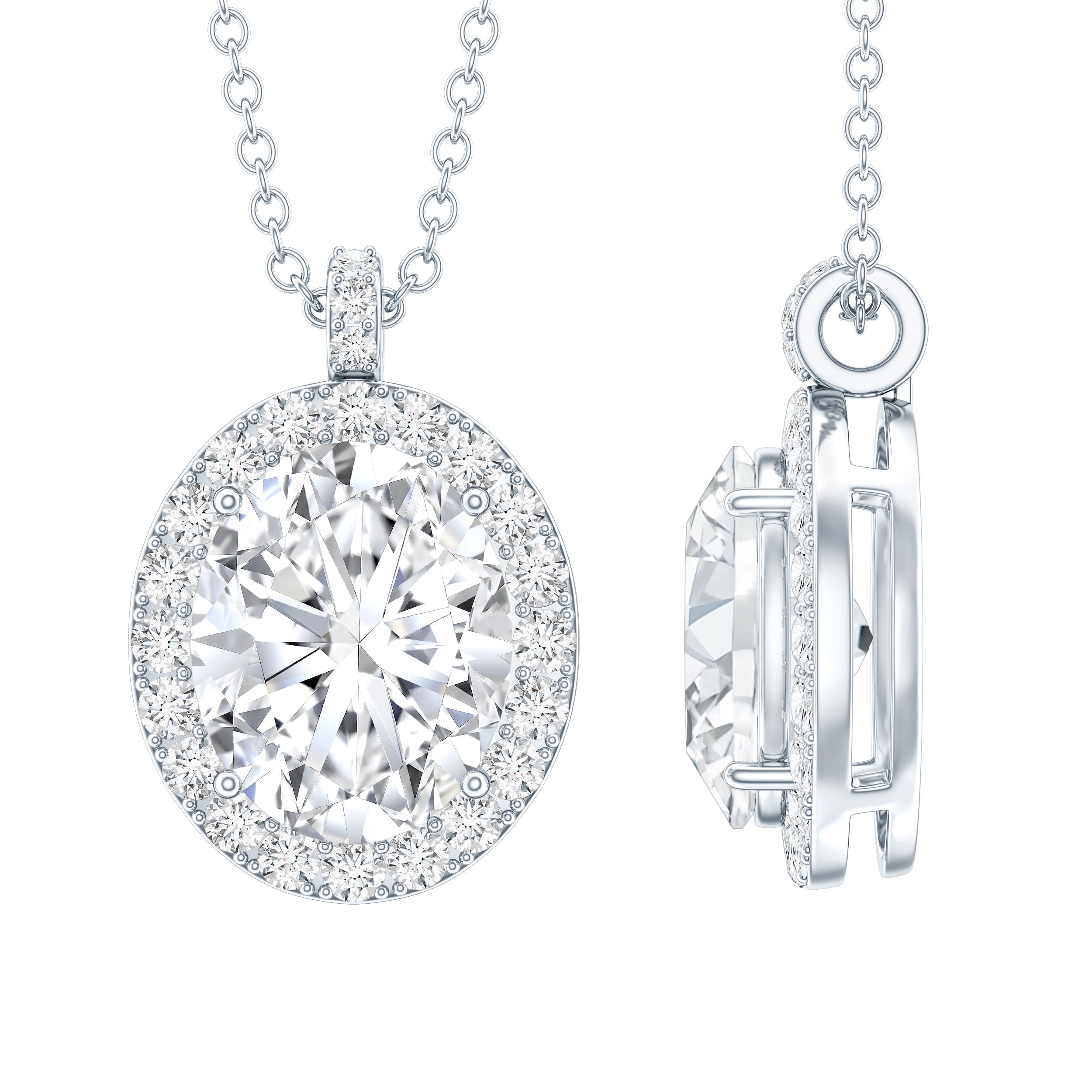 Certified 8X10 MM Oval Cubic Zirconia Halo Pendant with Chain AAAAA 92.5 Sterling Silver - Rosec Jewels