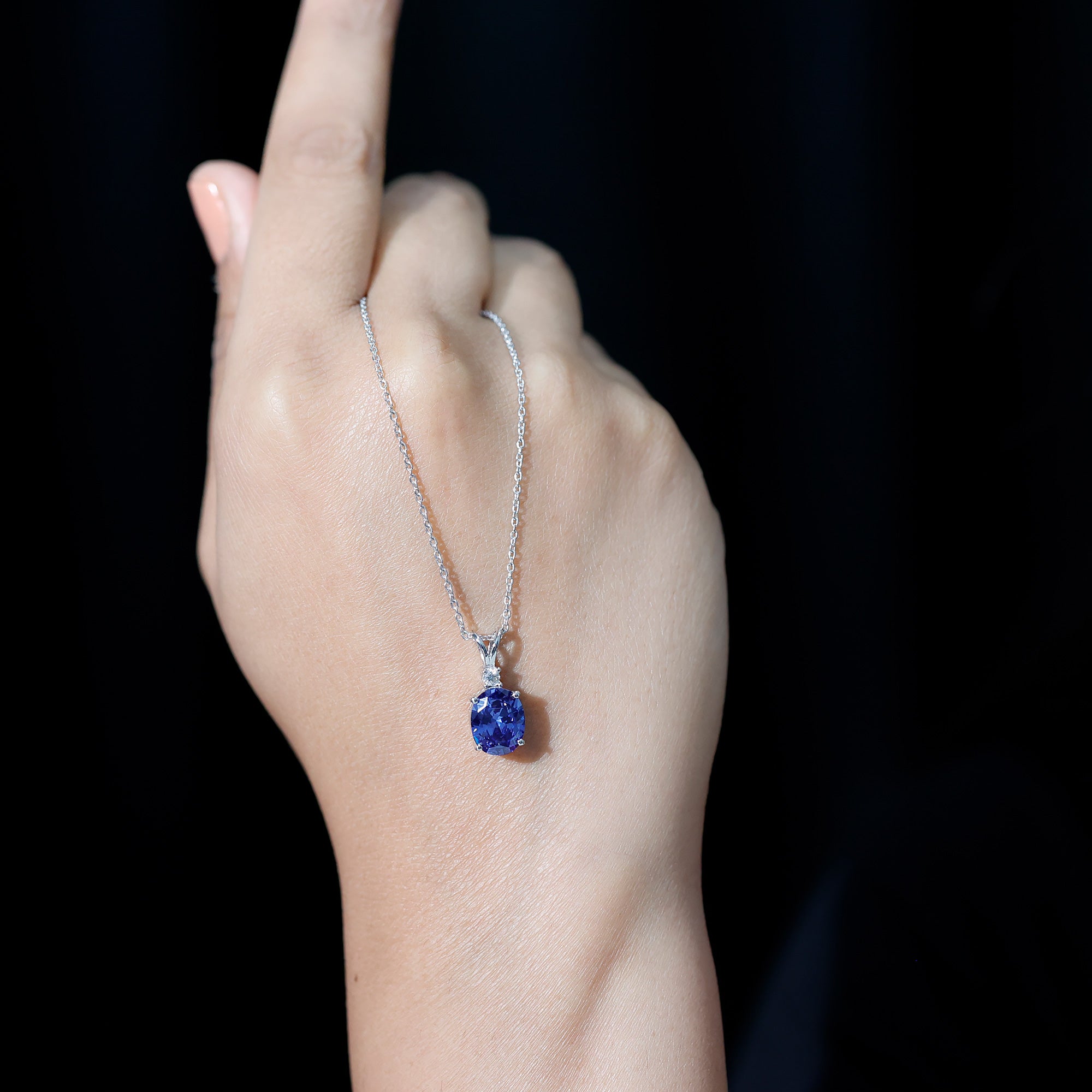 4 Carat Lab Grown Blue Sapphire Oval Cut Solitaire Necklace with