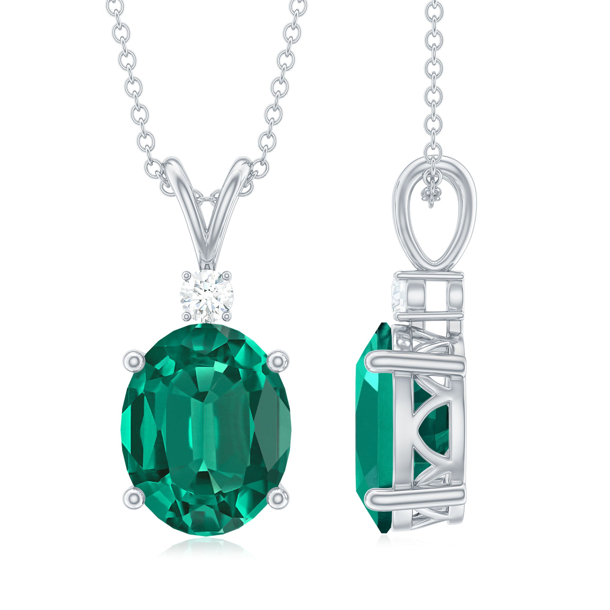 8X10 MM Oval Lab Grown Emerald Solitaire Necklace With Silver Chain