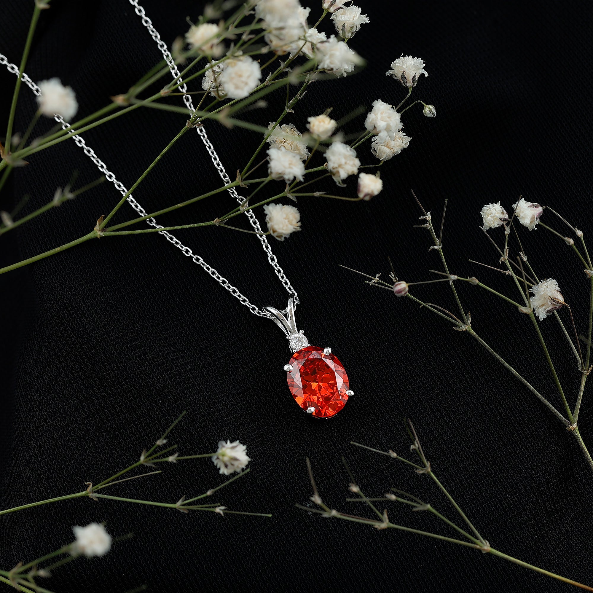 4 Carat Lab Grown Orange Sapphire Oval Pendant Necklace with Silver Chain AAAA 92.5 Sterling Silver - Rosec Jewels