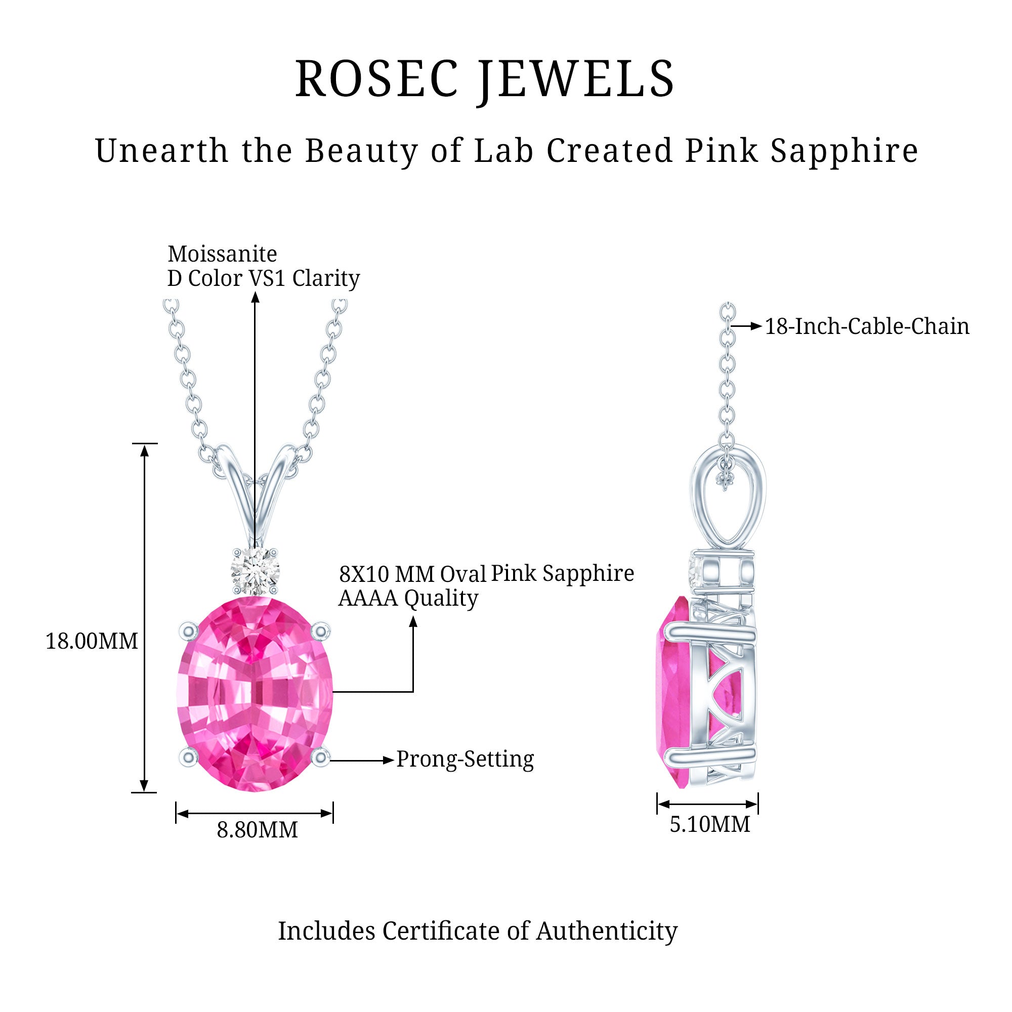 Certified 4 Carat Lab Grown Pink Sapphire Oval Necklace with Silver Chain AAAA 92.5 Sterling Silver - Rosec Jewels