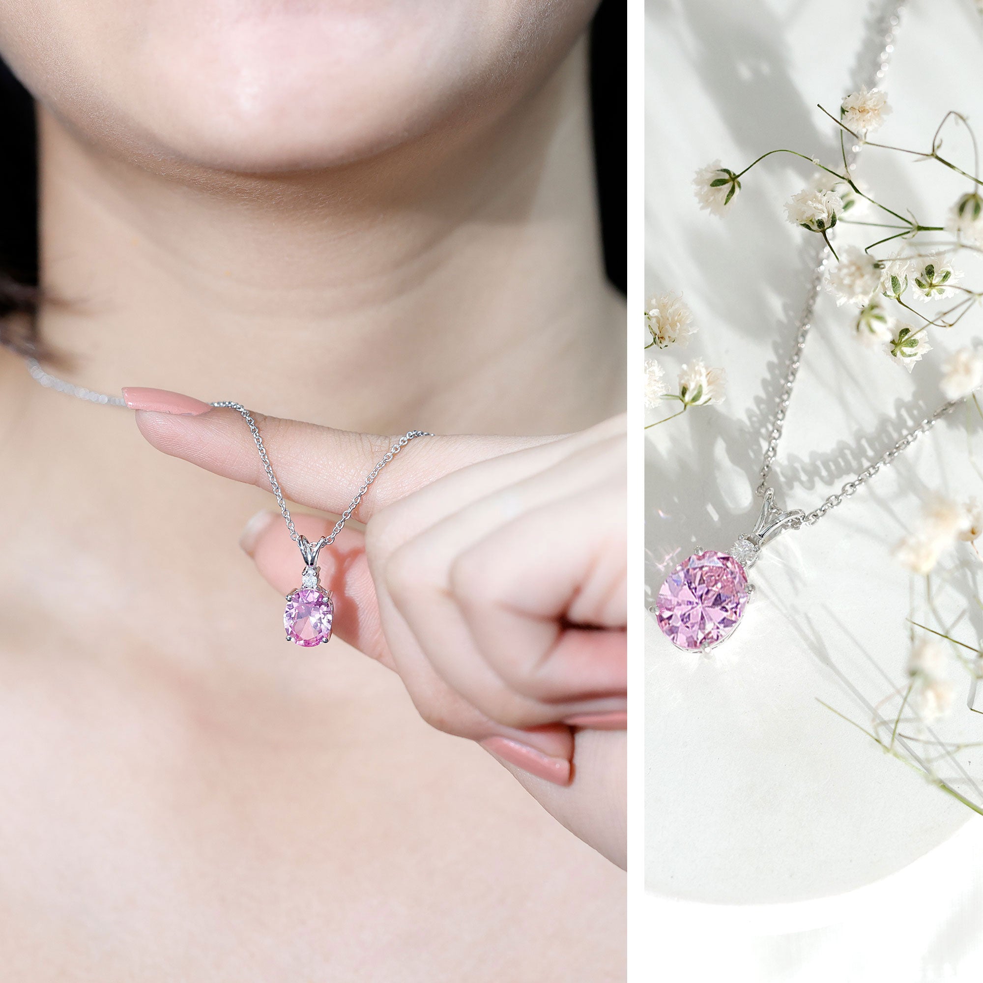 Certified 4 Carat Lab Grown Pink Sapphire Oval Necklace with Silver Chain AAAA 92.5 Sterling Silver - Rosec Jewels