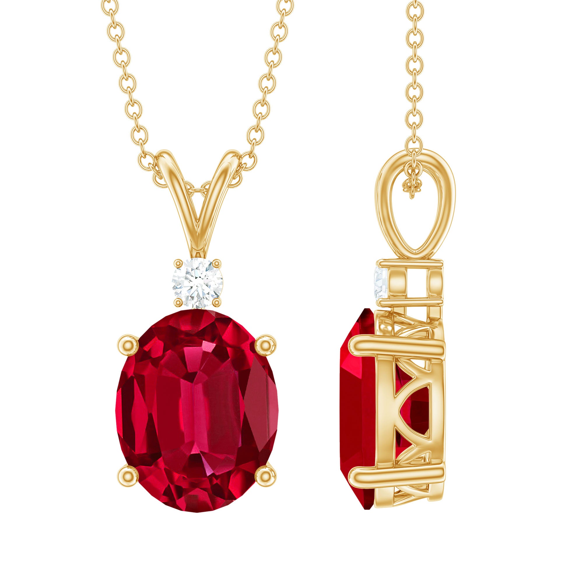 Solitaire Created Ruby Oval Pendant with Moissanite Lab Created Ruby - ( AAAA ) - Quality - Rosec Jewels