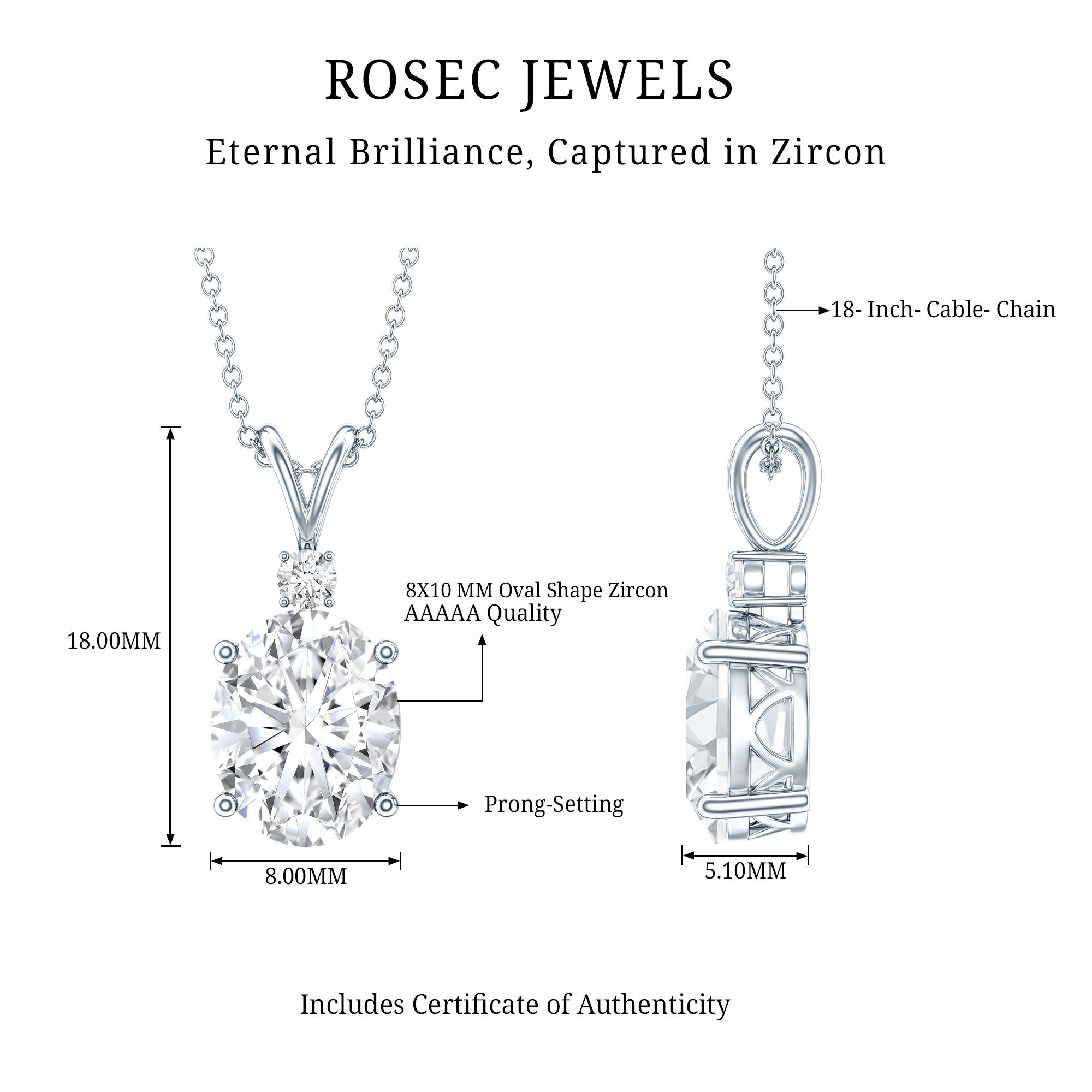 Certified 4 Carat Oval Cubic Zirconia Solitaire Necklace with Silver Chain AAAAA 92.5 Sterling Silver - Rosec Jewels