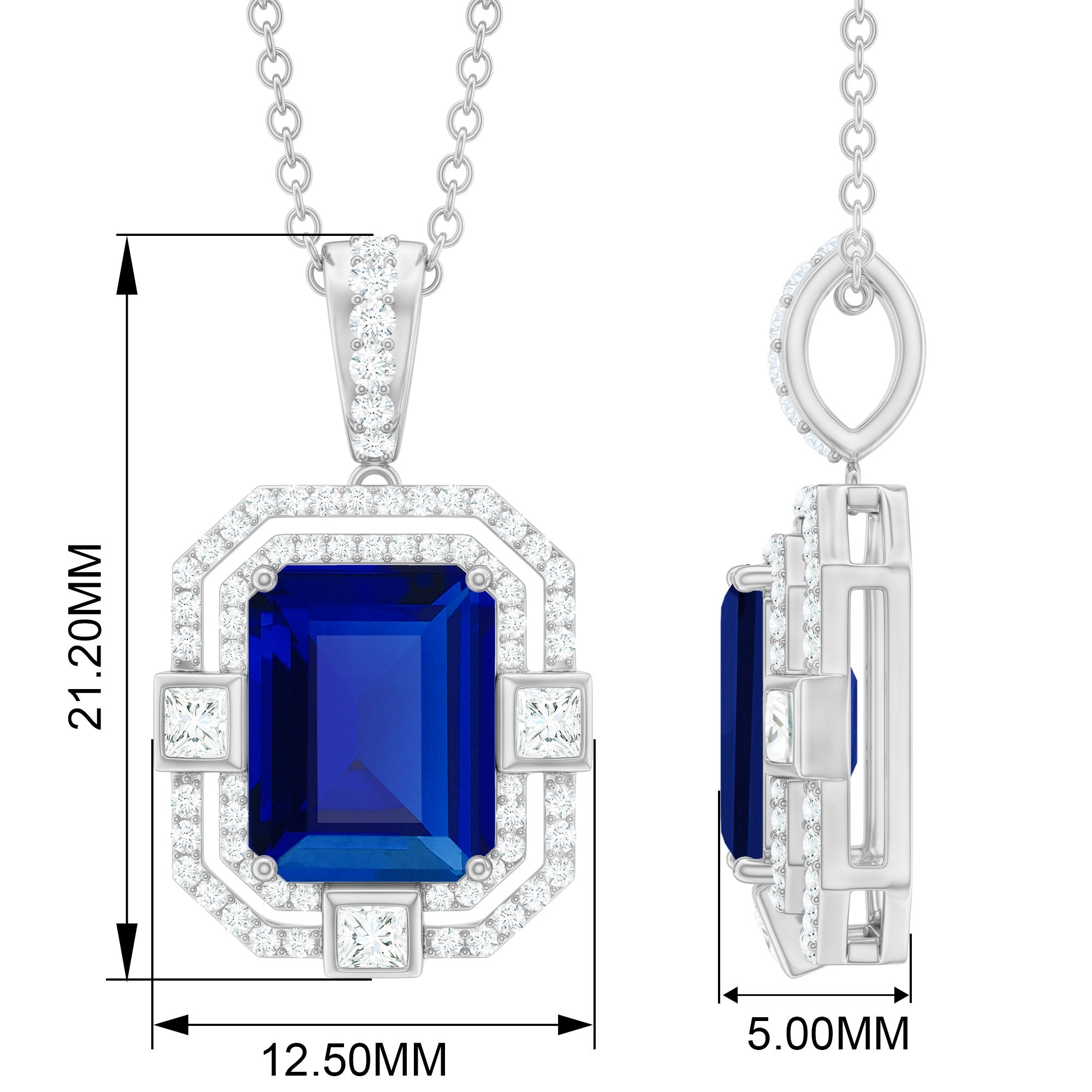 Emerald Cut Created Blue Sapphire Vintage Pendant Necklace with Diamond Lab Created Blue Sapphire - ( AAAA ) - Quality - Rosec Jewels