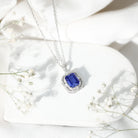 2.7 Carat Emerald Cut Lab Created Blue Sapphire Vintage Necklace with Diamond AAAA - Rosec Jewels