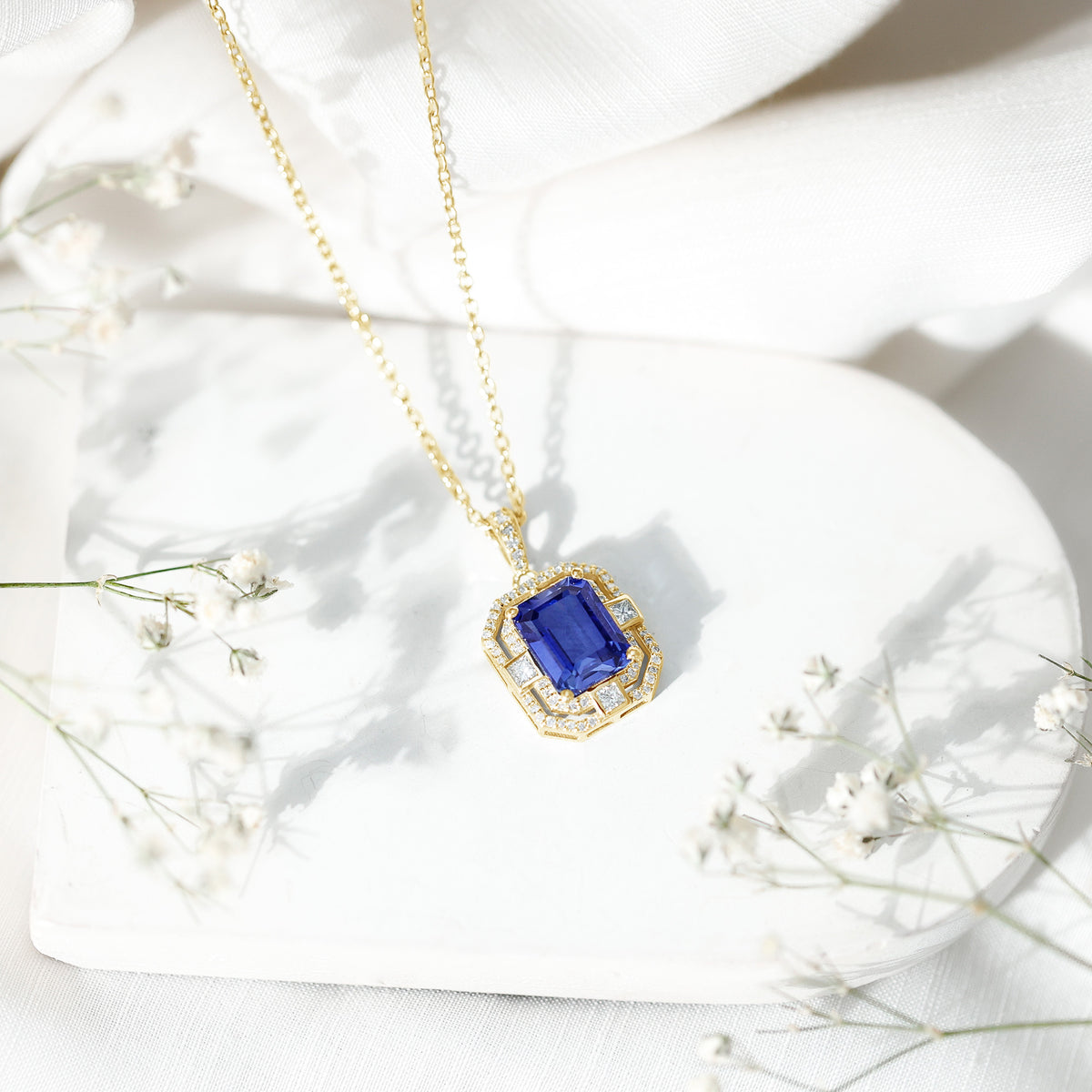 2.7 Carat Emerald Cut Lab Created Blue Sapphire Vintage Necklace with Diamond AAAA - Rosec Jewels