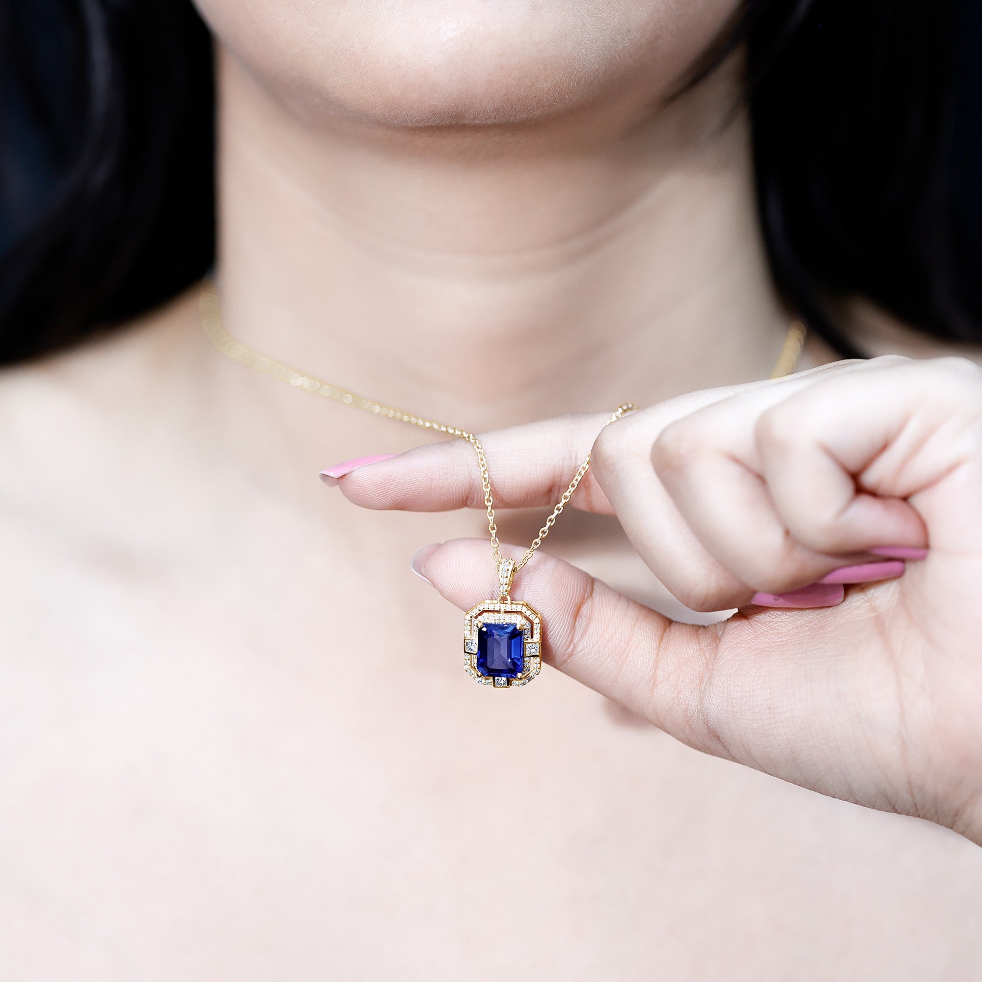 8x10mm Emerald Cut Lab Created Blue Sapphire Vintage Necklace with Diamond AAAA - Rosec Jewels