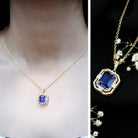 2.7 Carat Emerald Cut Lab Created Blue Sapphire Vintage Necklace with Diamond AAAA - Rosec Jewels