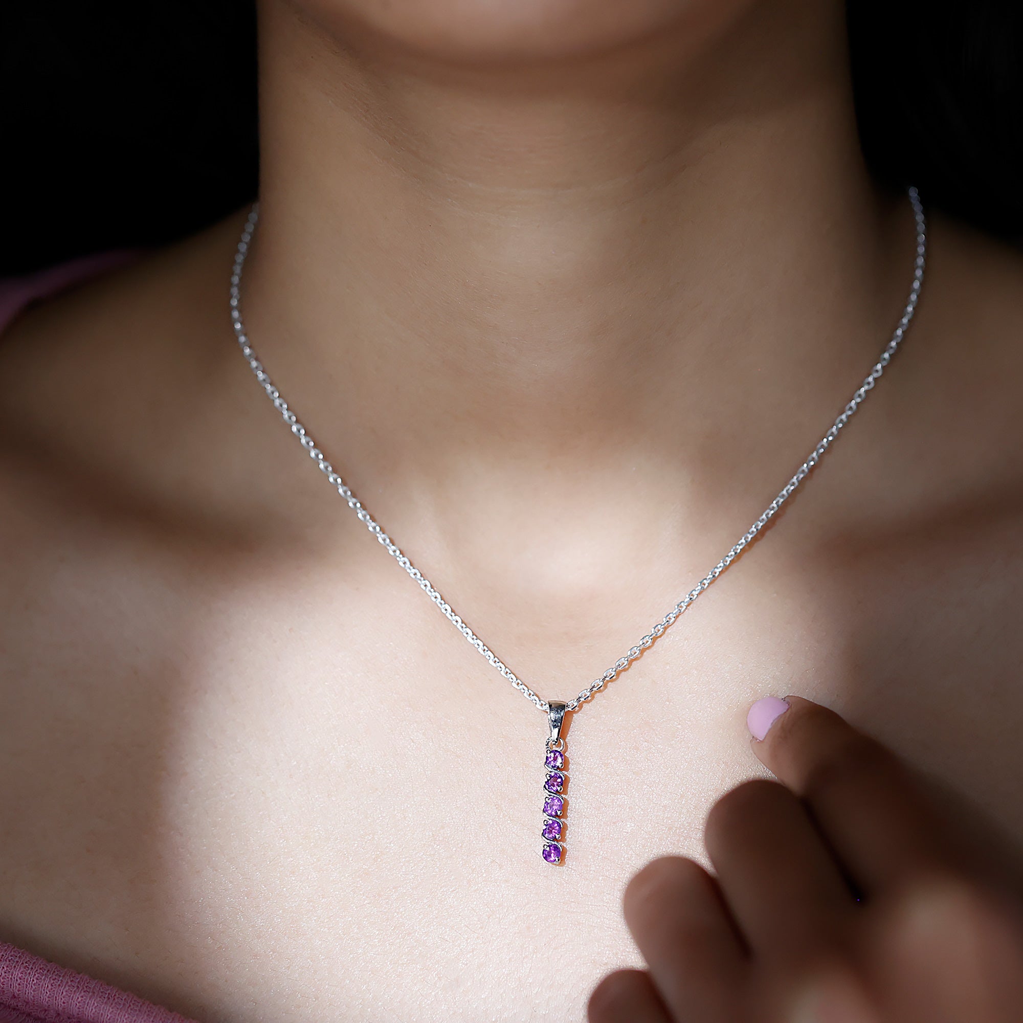 Natural Amethyst Bar Pendant Necklace Amethyst - ( AAA ) - Quality 92.5 Sterling Silver - Rosec Jewels