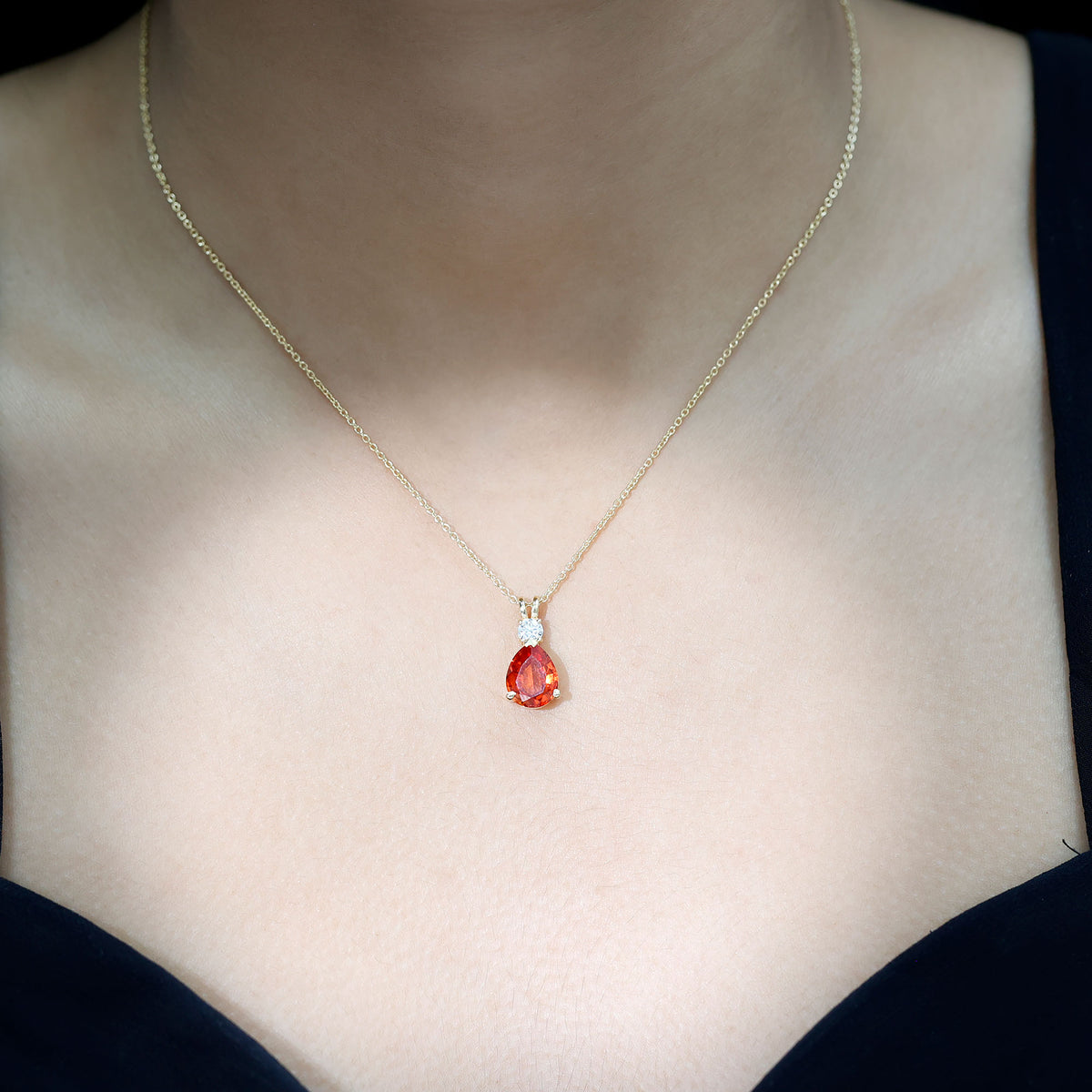 3.3 Carat Lab Created Orange Sapphire Teardrop Necklace with Diamond AAAA - Rosec Jewels