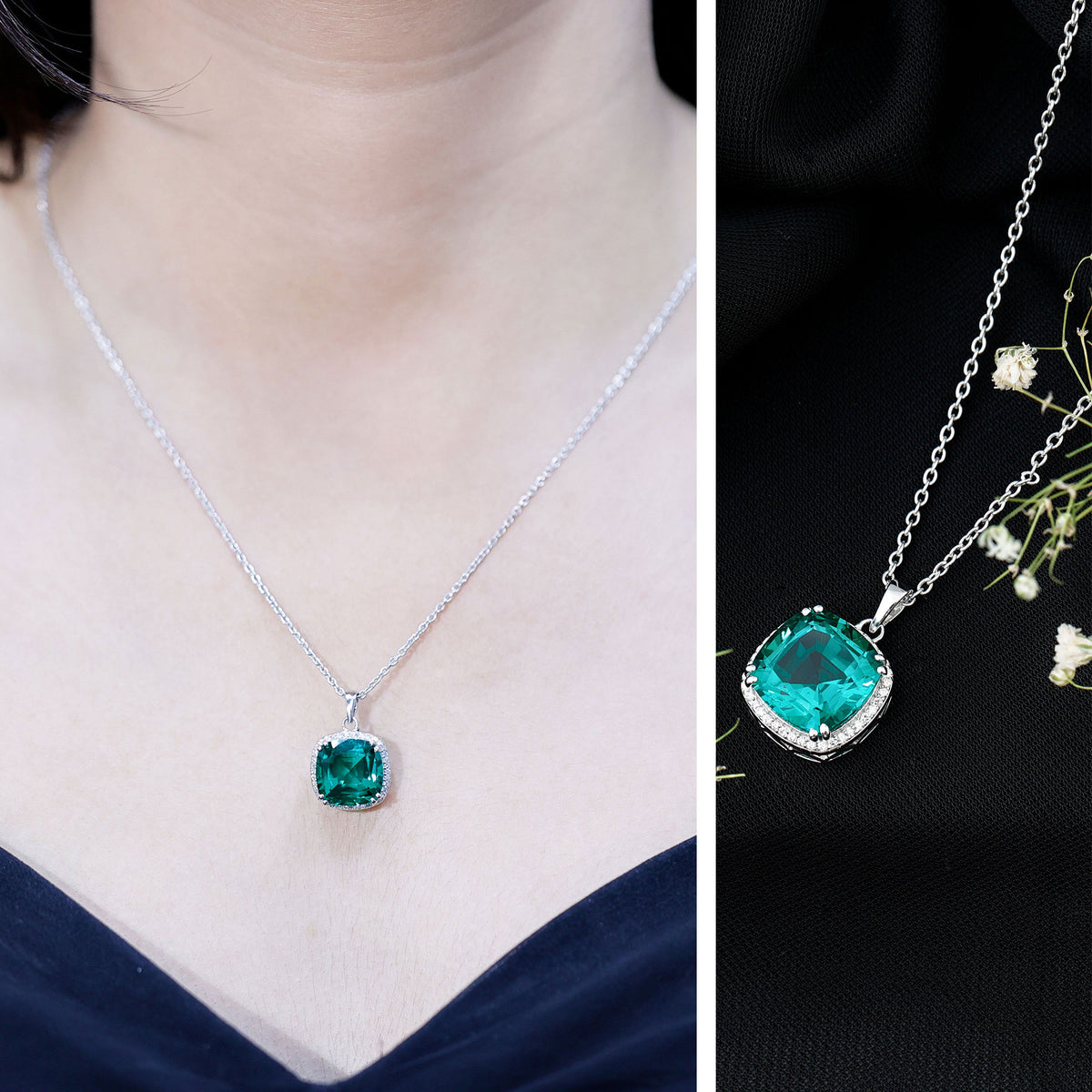 9 Carat Cushion Cut Lab Created Emerald and Diamond Cocktail Necklace AAAA - Rosec Jewels