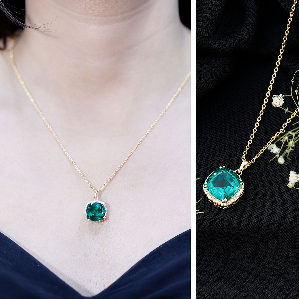 9 Carat Cushion Cut Lab Created Emerald and Diamond Cocktail Necklace AAAA - Rosec Jewels