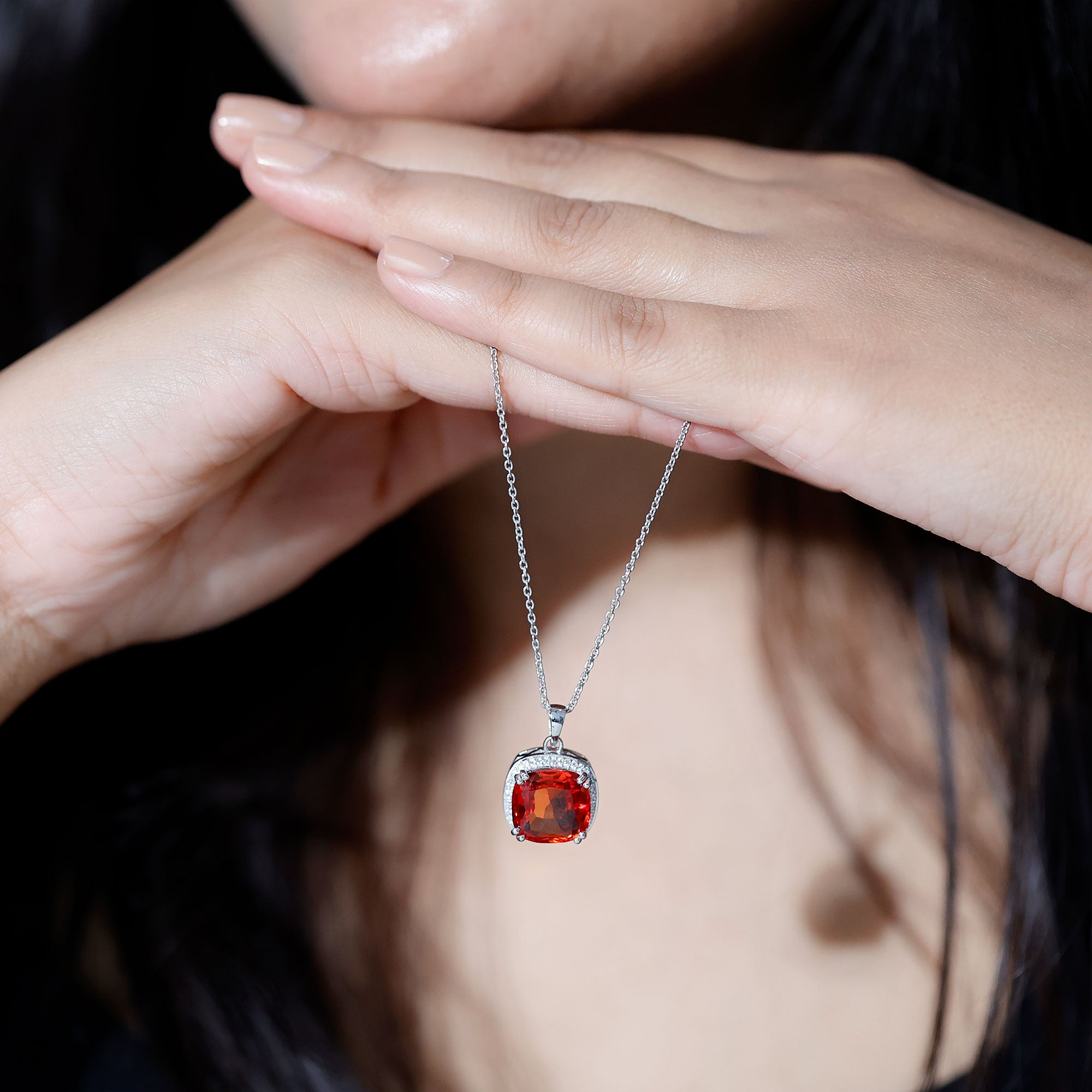 9 Carat Lab Created Orange Sapphire Diamond Statement Necklace For