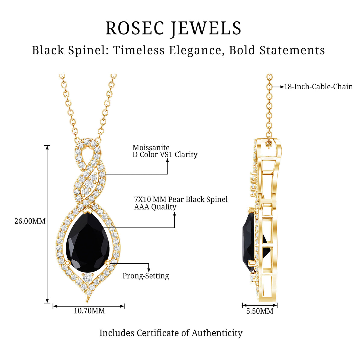 1.75 Carat Pear Shape Black Spinel Statement Necklace with Moissanites AAA - Rosec Jewels