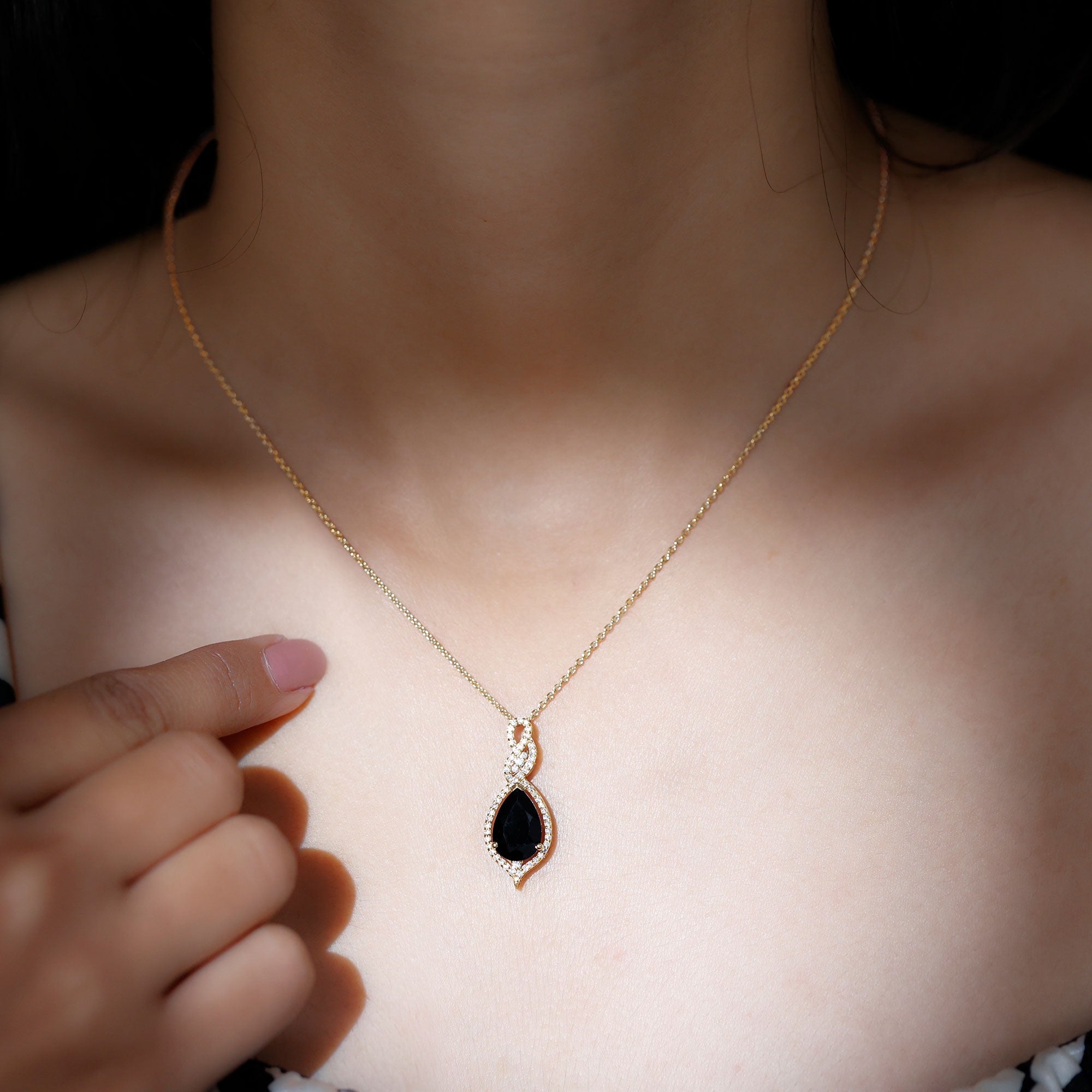 Black Spinel Teardrop Dangle Pendant with Moissanite Accent Black Spinel - ( AAA ) - Quality - Rosec Jewels