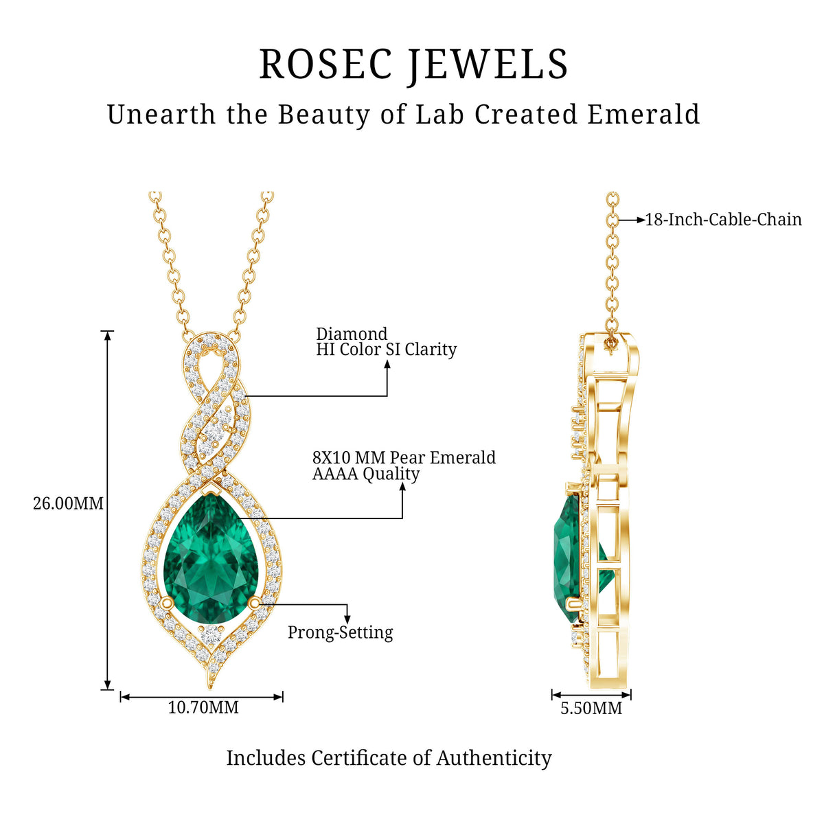Certified 2.5 Carat Lab Grown Emerald and Diamond Bridal Necklace AAAA - Rosec Jewels