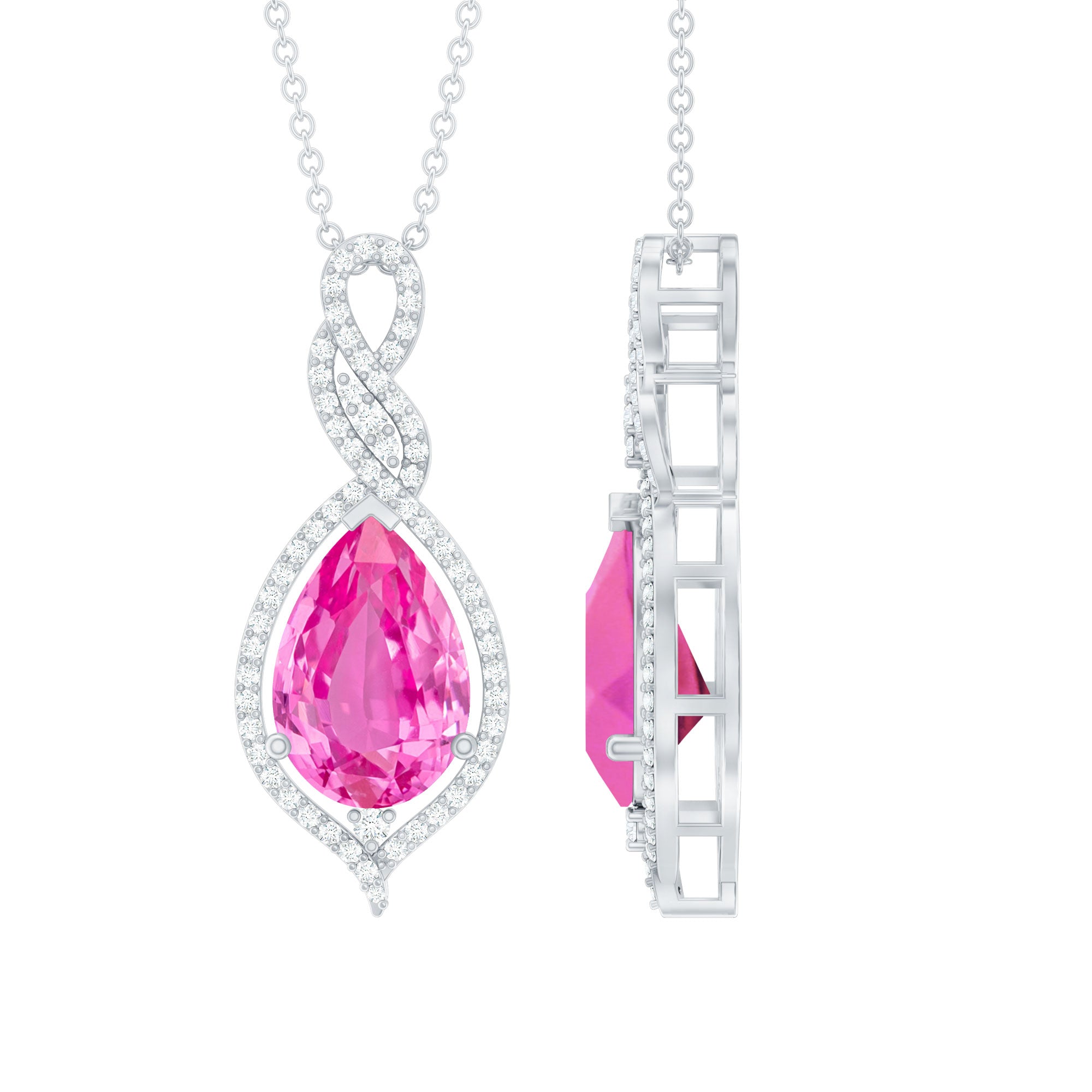 Pear Cut Created Pink Sapphire and Diamond Teardrop Pendant