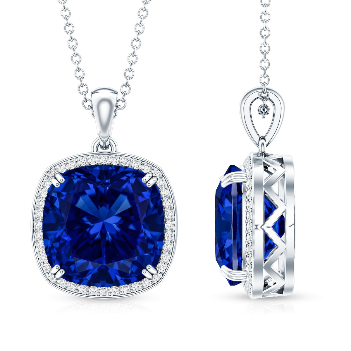 Cushion Cut Created Blue Sapphire and Diamond Halo Pendant Necklace AAAA - Rosec Jewels