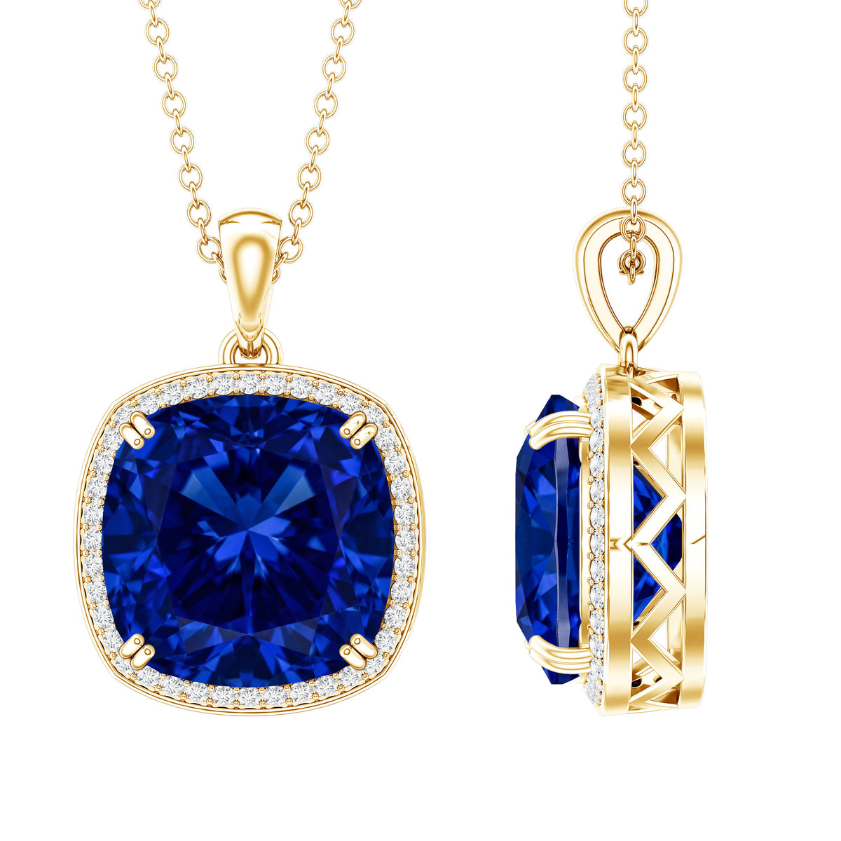 Cushion Cut Created Blue Sapphire and Diamond Halo Pendant Necklace AAAA - Rosec Jewels