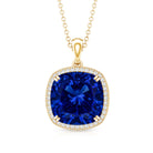 Cushion Cut Created Blue Sapphire and Diamond Halo Pendant Necklace AAAA - Rosec Jewels