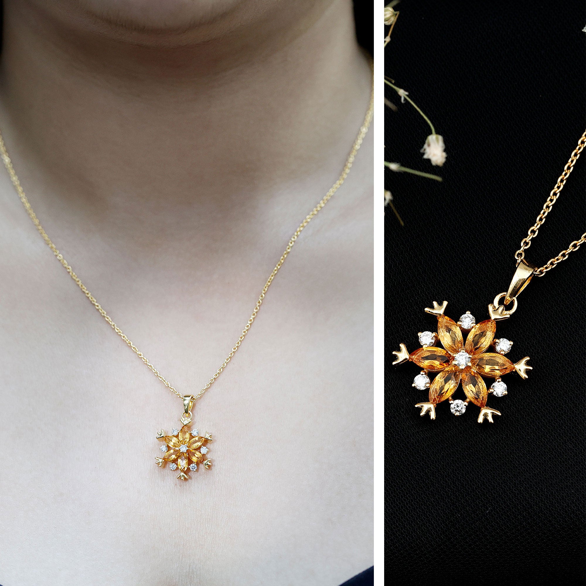 Certified Citrine Flower Pendant Necklace with Silver Chain AAA 14K Yellow Gold Plated Silver - Rosec Jewels