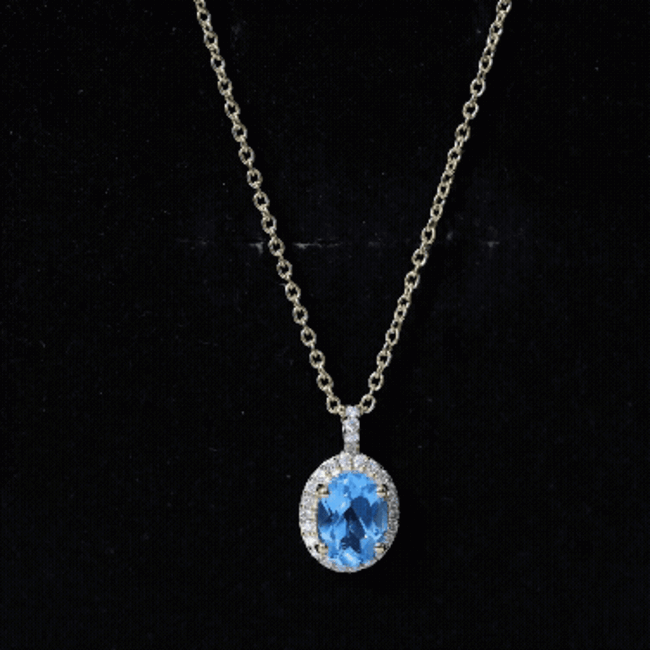 Natural 1 Carat Swiss Blue Topaz and Diamond Halo Necklace With Silver Chain AAA 14K Yellow Gold Plated Silver - Rosec Jewels